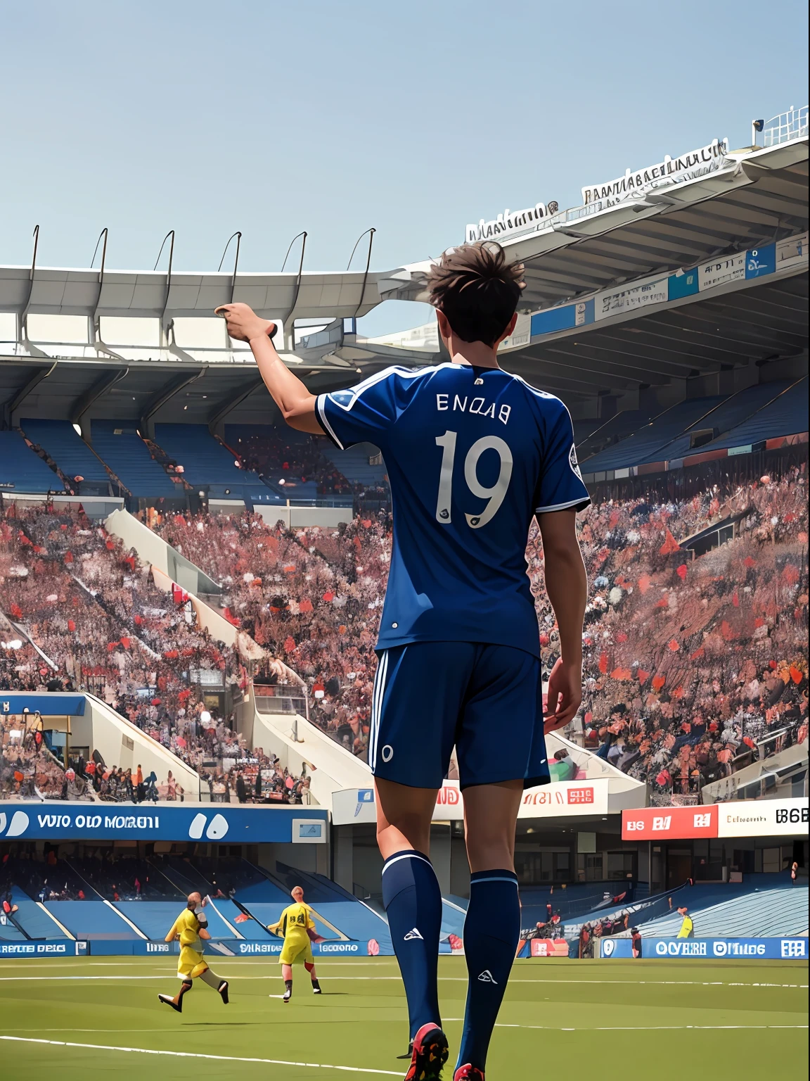 A soccer player stands on the soccer field, Turn his back to the camera,Wearing number 10 blue shirt,In the distance are spectators in the stands