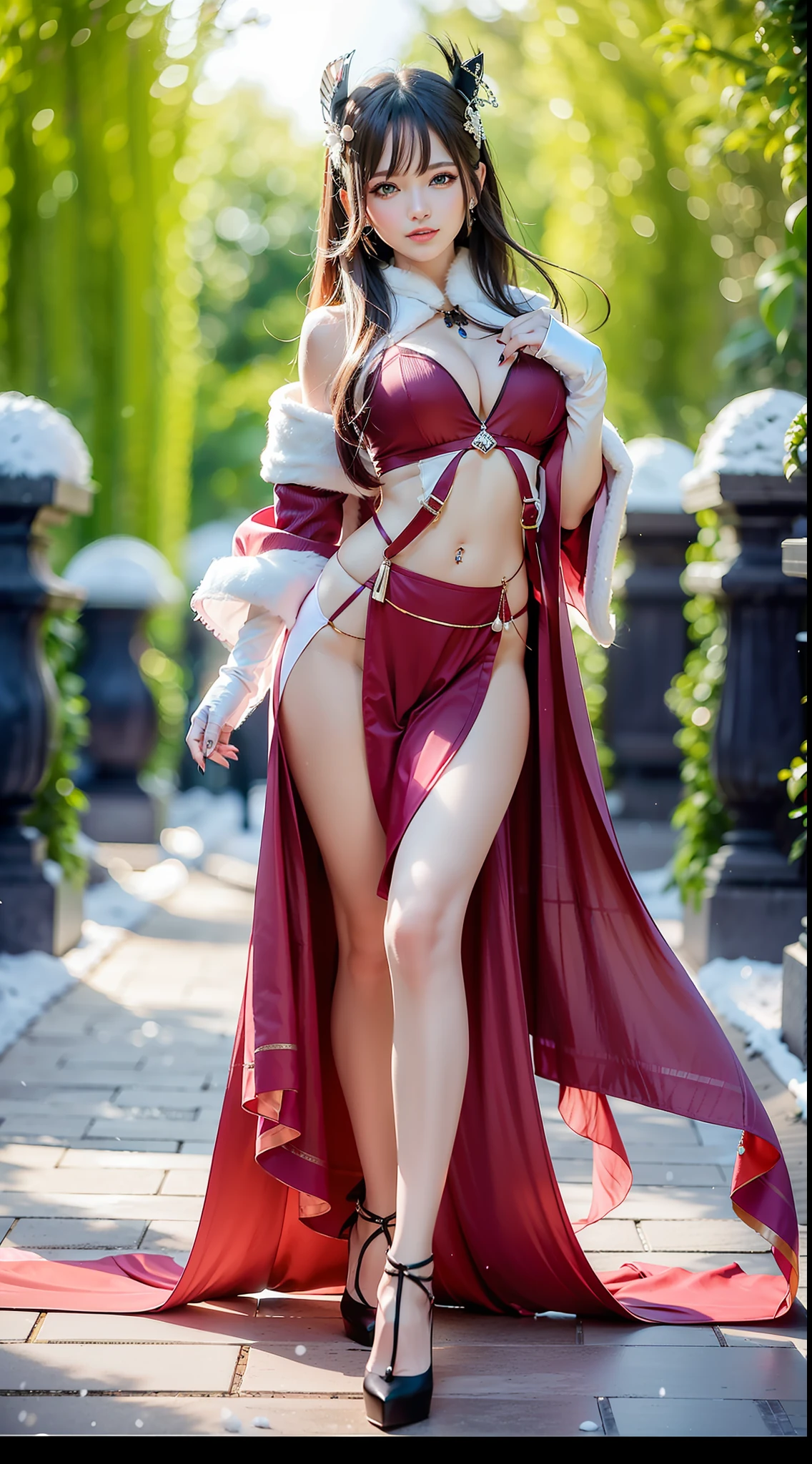 1female ,Beauty makes people look seductive ,Around 25 years old,Seductive eyes , (Extremely high level of makeup ,Pink eyeshadow) ,(Long flowing hair) ,Wear gorgeous open-waisted dresses,Snow-white fur shawl,Nice navel,jewel embellishment,Red delicate high heels,Long-legged stockings,Tighten your pants,Fingerless gloves,Nice fingers((Correct fingers),(Normal human hands,Consistent with human dissection),(Slender fingers) )(Red manicurs sparkle),Full body photo