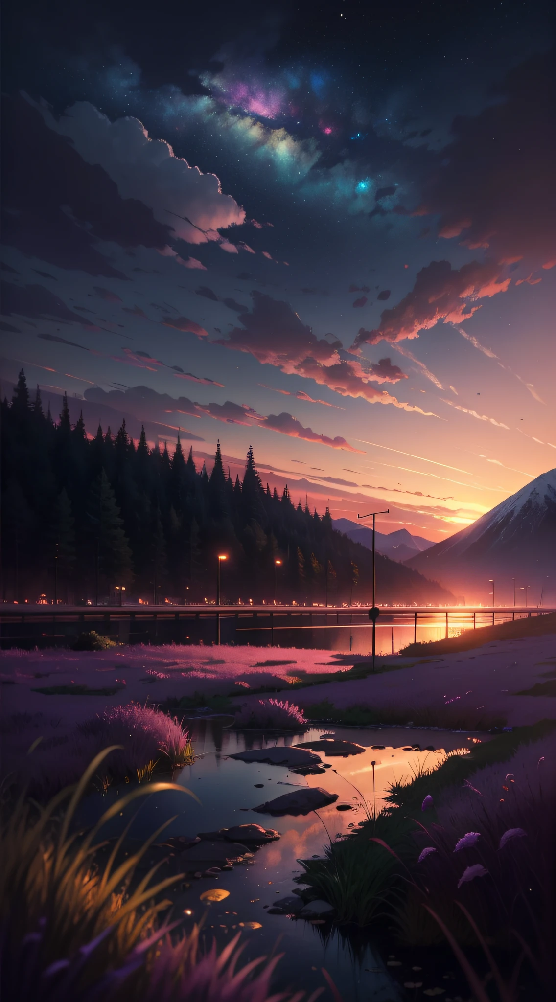 The picture is bright and well lit. no humans. (((Makoto Shinkai style)),pixiv,anime drawing,high quality,pink purple sky,beautiful scene),(universe,train passing,magical realism,((makoto shinkai style)) ::0.8), [Artistic Atmosphere, Atmosphere:0.8, Starry Sky, Hills, Snow Mountain, Sparkling Water, Grass, Trees, Smoke, Stars, Low Angle of View, Specular Scattering,
