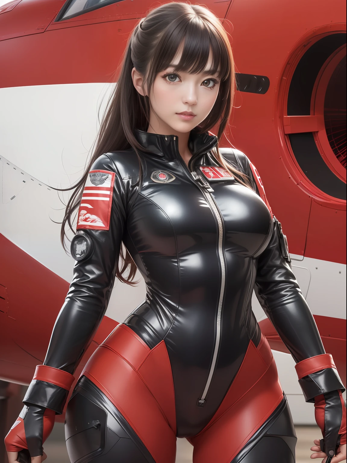 masuter piece, best qualtiy, (((realisitic, Photorealsitic:1.37))), ((独奏)), 8K image quality, Extremely delicate and beautiful, splendid, Official art with attention to detail, Ridiculous, Unbelievably ridiculous, huge filesize, ultra-detailliert, ighly detailed, (Pretty girl), (detailed girl), extremely detailed eye and face, Beautiful detailed eyes, Light makeup,, (Perfect female figure), (Japan Beauty), ((fullllbody)), ((Put the head in the frame)), A dark-haired, With bangs, ((Female Fighter Pilot)), (((Full body fighter pilot suit in scarlet color))), (Above between aircraft carriers), Sunnyday,