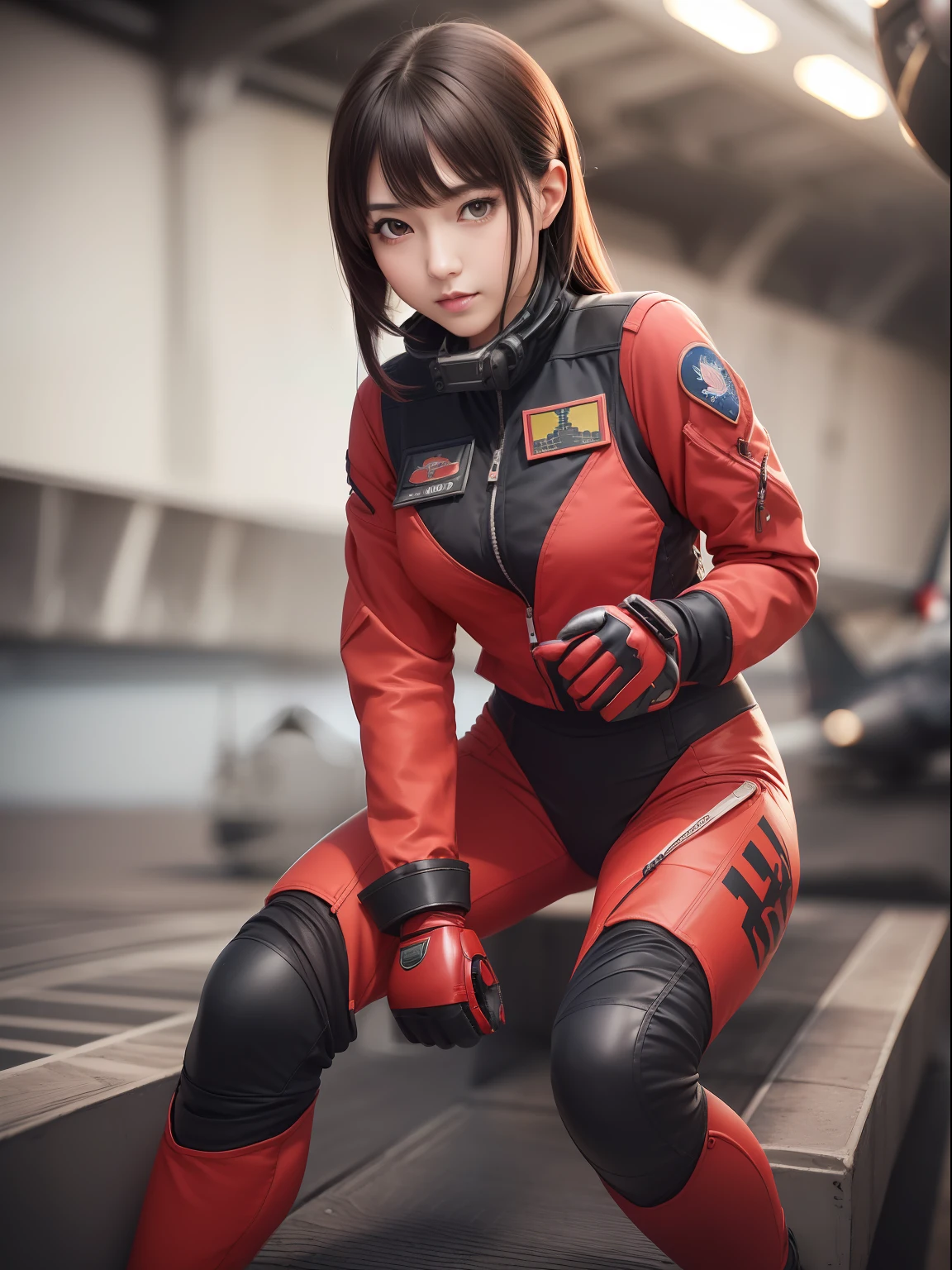 masuter piece, best qualtiy, (((realisitic, Photorealsitic:1.37))), ((独奏)), 8K image quality, Extremely delicate and beautiful, splendid, Official art with attention to detail, Ridiculous, Unbelievably ridiculous, huge filesize, ultra-detailliert, ighly detailed, (Pretty girl), (detailed girl), extremely detailed eye and face, Beautiful detailed eyes, Light makeup,, (Perfect female figure), (Japan Beauty), ((fullllbody)), ((Put the head in the frame)), A dark-haired, With bangs, ((Female Fighter Pilot)), (((Full body fighter pilot suit in scarlet color))), (Above between aircraft carriers), Sunnyday,