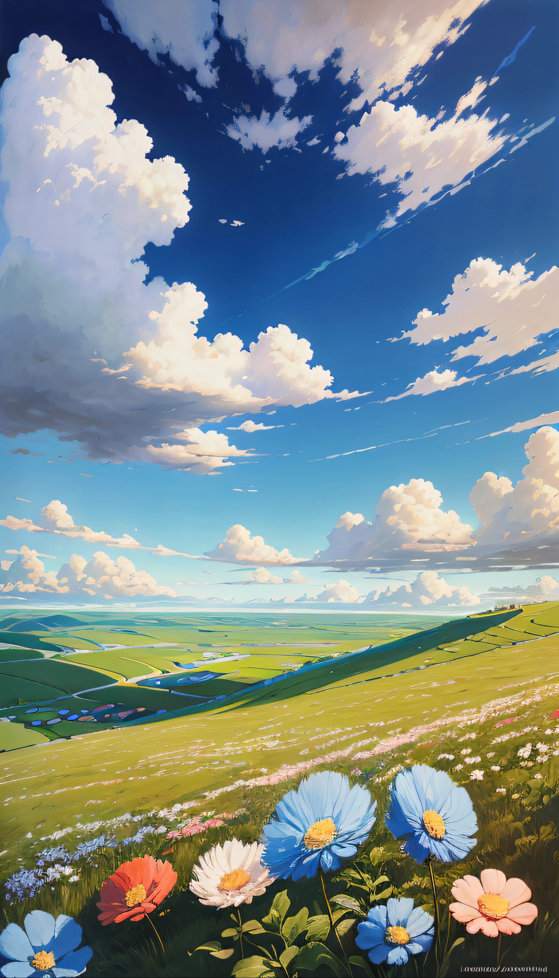 Two  fighting，photorealestic，Realiy，Beautiful and amazing landscape oil painting Ghibli Studio Miyazaki petals steppe with blue sky and white clouds --v6