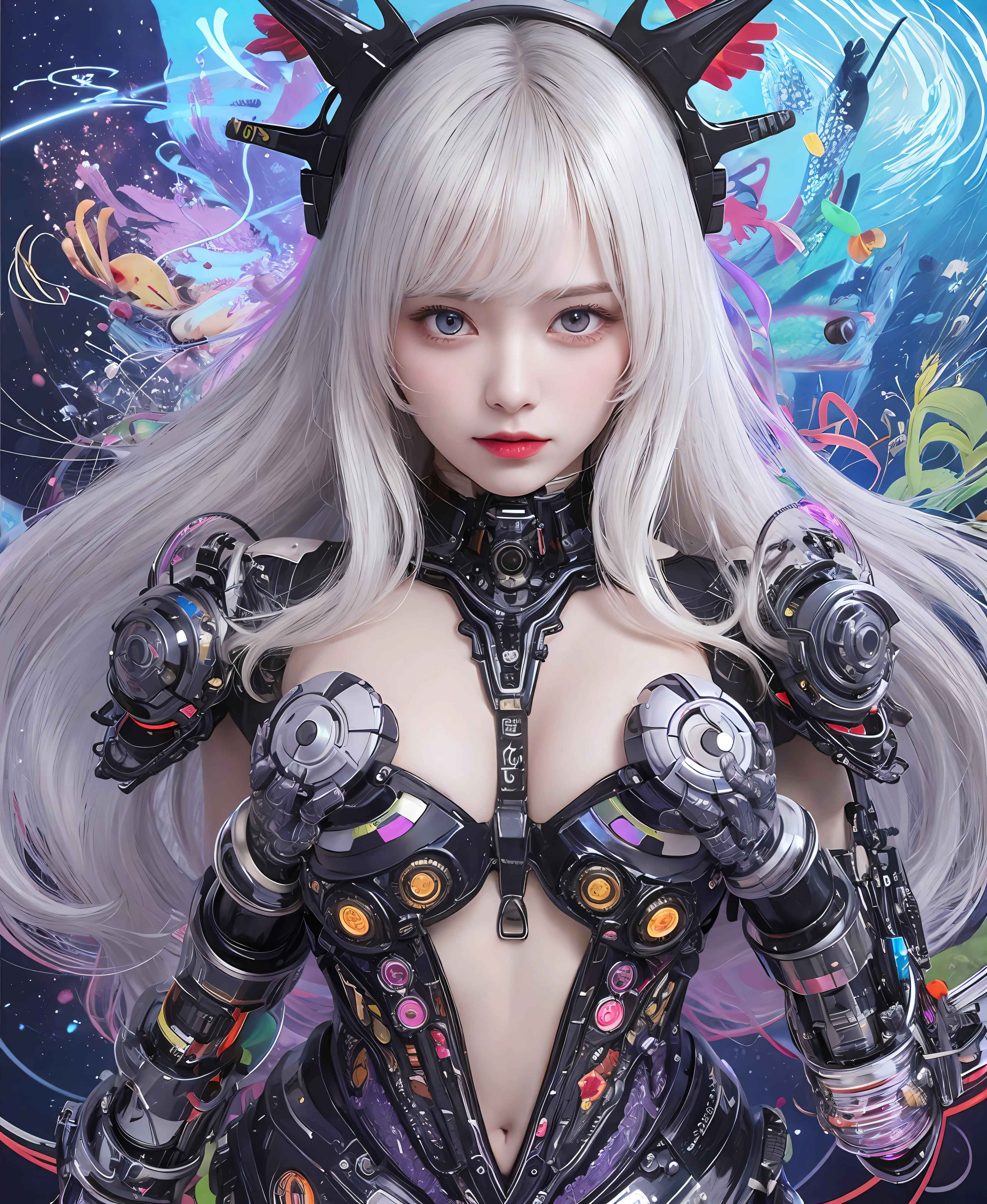 white hair、long fluttering hair、strong breeze、a purple eye、Luminous Eyes、Mollusk girl、Colossal tits、The face and chest are alive、Cleavage is visible。photoRealstic、portfolio、Biotech Cyborg、Gothloli details、tentaculata、Detailed biocomponents、Bundle of thin tubes、sea anemones、Nudibranch、Luminous tube、Detailed neon、Fine LED、Fine parts