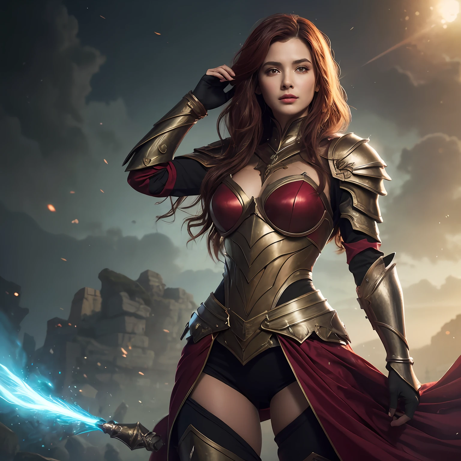 Personagem feminina adulta com beleza estonteante, cabelo curto vermelho radiante, rosto adornado com sardas delicadas, olhos laranja penetrantes, wearing imposing magical armor, imagem realista em qualidade 4k.