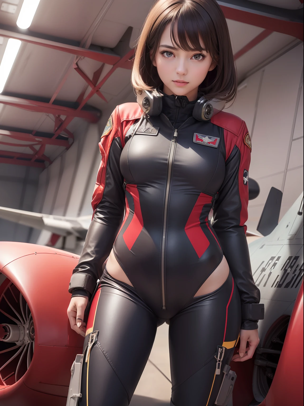 masuter piece, best qualtiy, (((realisitic, Photorealsitic:1.37))), ((独奏)), 8K image quality, Extremely delicate and beautiful, splendid, Official art with attention to detail, Ridiculous, Unbelievably ridiculous, huge filesize, ultra-detailliert, ighly detailed, (Pretty girl), (detailed girl), extremely detailed eye and face, Beautiful detailed eyes, Light makeup,, (Perfect female figure), ((fullllbody)), ((Put the head in the frame)), A dark-haired, With bangs, ((Female Fighter Pilot)), (((Full body fighter pilot suit in scarlet color))), (Above between aircraft carriers), Sunnyday,