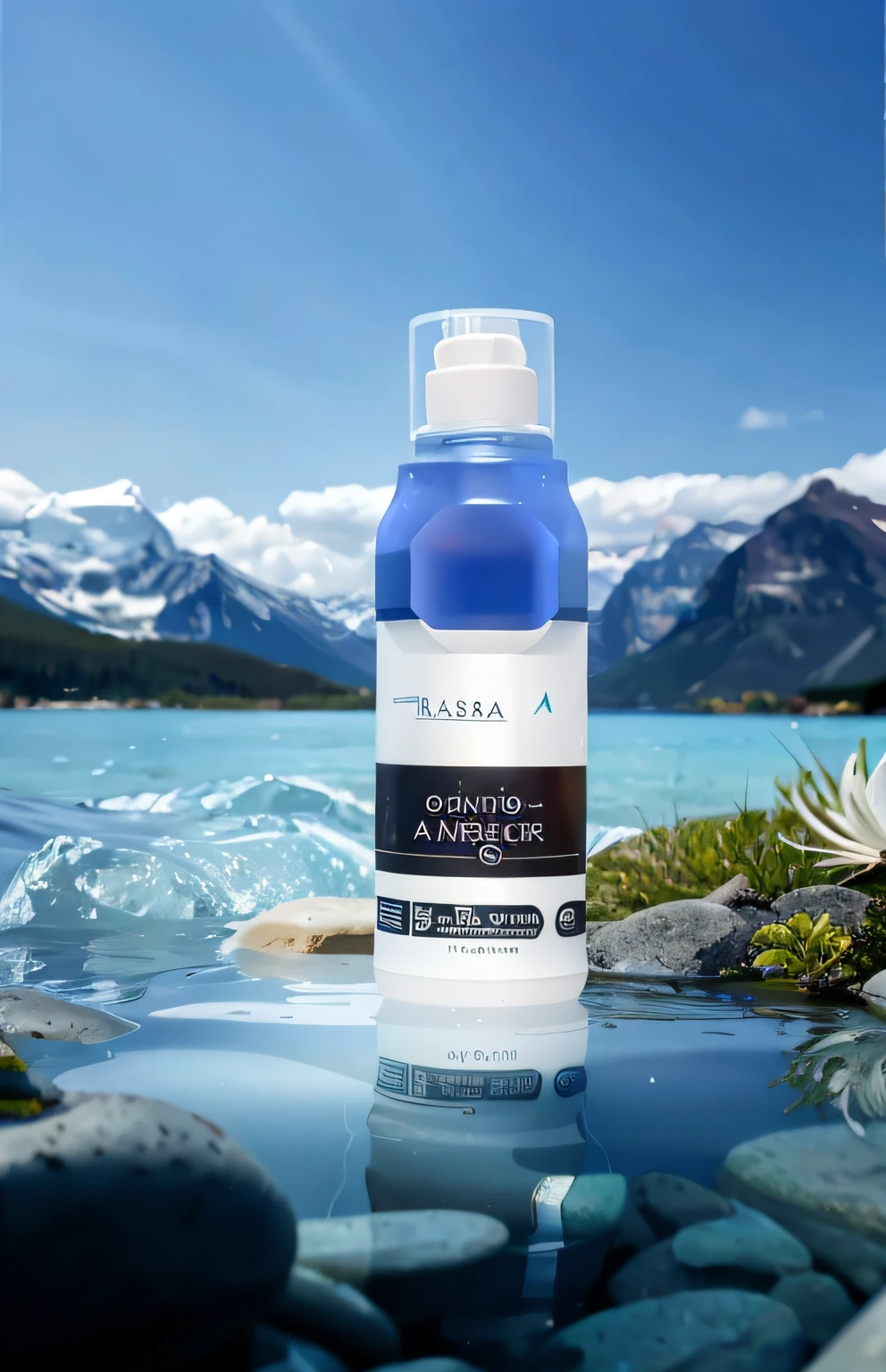 A close-up of a bottle of water sitting on a rock near a body of water, balancing, balmy, balance, high quality topical render, product image, Product photo, relistic, Baraskas, Official product image, professional product shot, product introduction photos, ProductAdvertisements, hentail realism, product image, product introduction photos, Biogloss