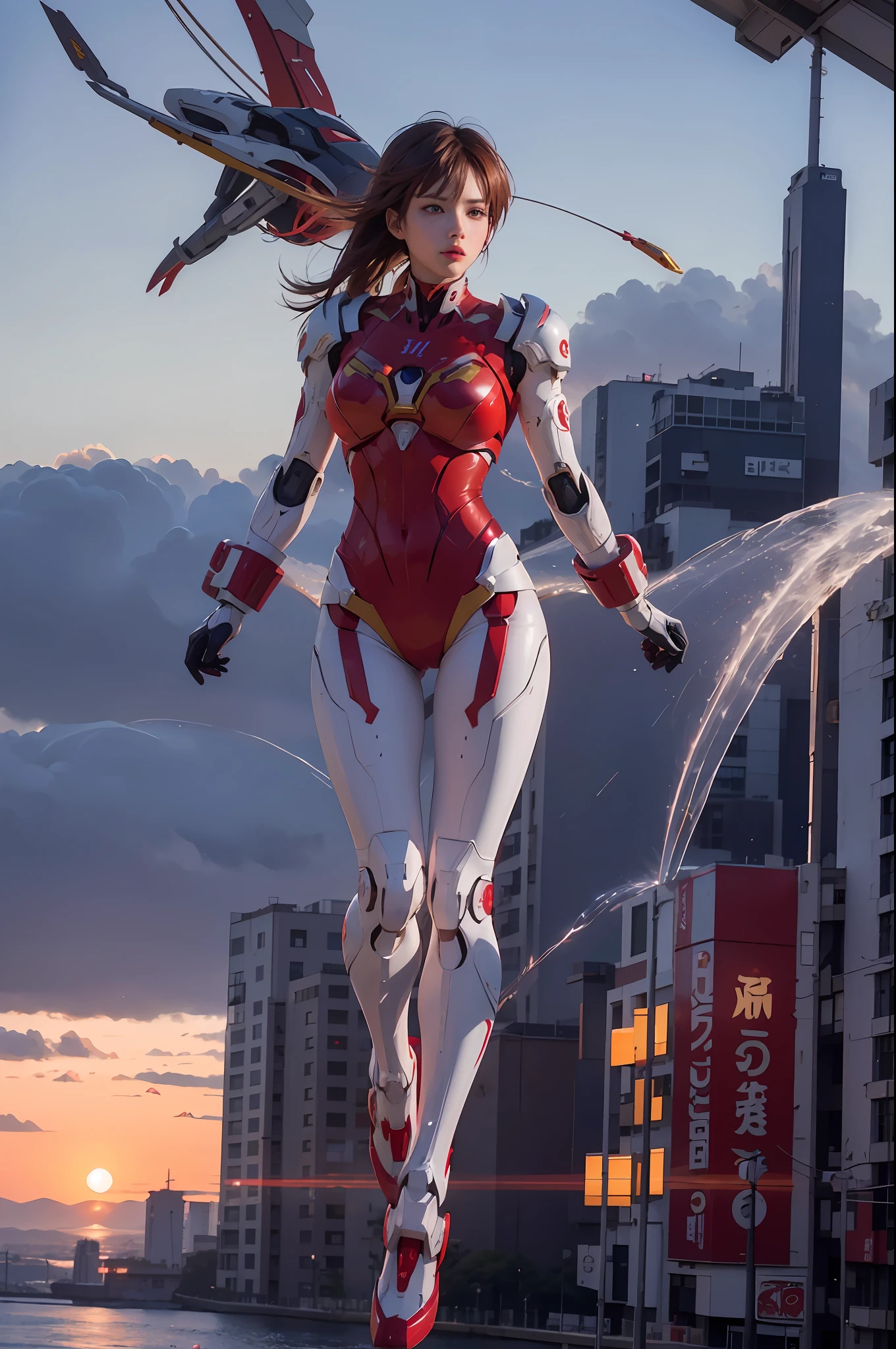 Wearing a red and white suit, Arapei is flying over a city, full body zenkai! asuka suit, beautiful asuka from evangelion, girl in mecha cyber armor, Mecha suit, echo from overwatch, asuka from evangelion, porcelain cyborg armor, White and red armor, perfect anime cyborg woman, female mecha, japanese cyborg