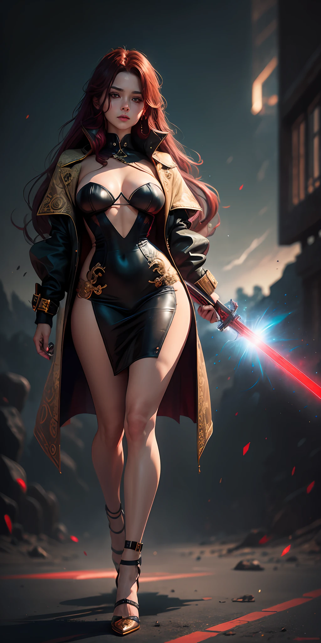 1girll, red pupils，Red long-haired，crisp breasts，Convex buttocks，Bare legged，Black heels，White bandeau dress，Decorated with a gold pattern，He wears a black trench coat，He held a red laser sword in his hand，starrysky，kosmos，Detailed background，Clothing details，perfectly proportioned, Cinematic lighting, filmgrain, Fuji colors, lightand shade contrast, 8K, 巨作, Textured skin, Super detail, high detal, high qulity, A high resolution,