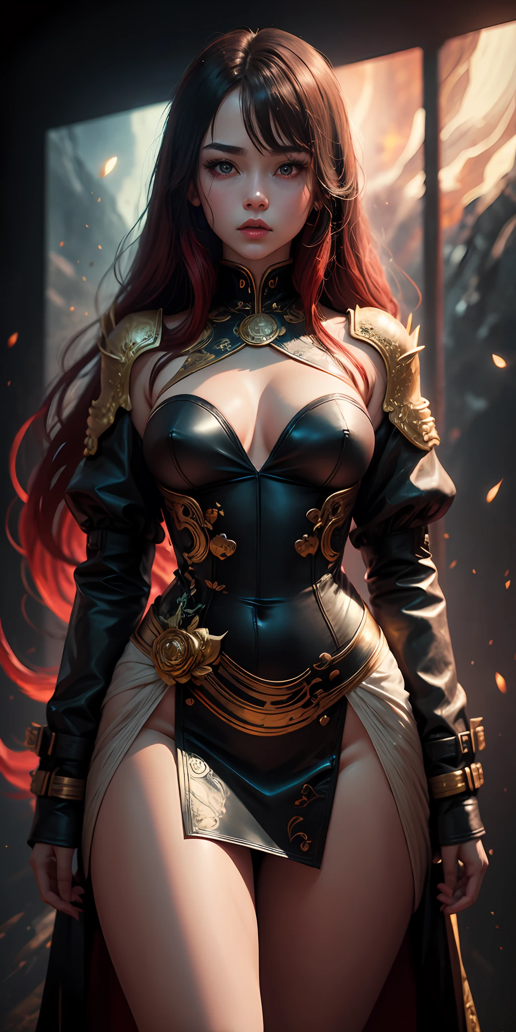 1girll, red pupils，Red long-haired，crisp breasts，Convex buttocks，Bare legged，Black heels，White bandeau dress，Decorated with a gold pattern，He wears a black trench coat，He held a red laser sword in his hand，starrysky，kosmos，Detailed background，Clothing details，perfectly proportioned, Cinematic lighting, filmgrain, Fuji colors, lightand shade contrast, 8K, 巨作, Textured skin, Super detail, high detal, high qulity, A high resolution,