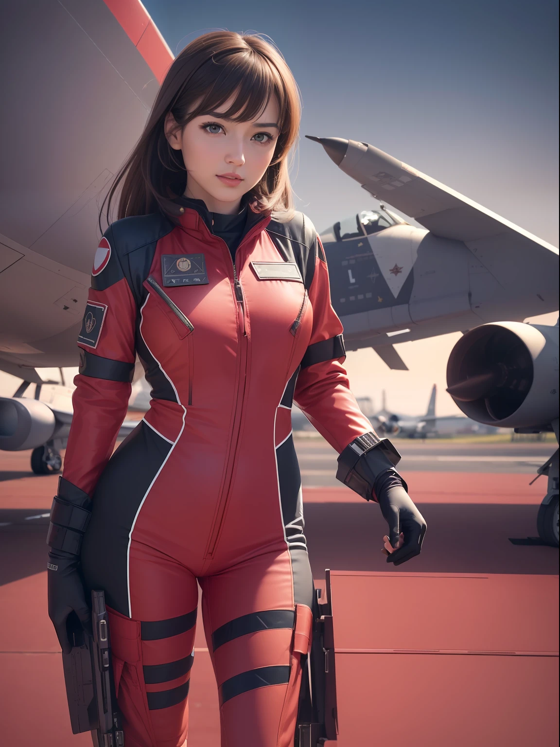 masuter piece, best qualtiy, (((realisitic, Photorealsitic:1.37))), ((独奏)), 8K image quality, Extremely delicate and beautiful, splendid, Official art with attention to detail, Ridiculous, Unbelievably ridiculous, huge filesize, ultra-detailliert, ighly detailed, (Pretty girl), (detailed girl), extremely detailed eye and face, Beautiful detailed eyes, Light makeup,, (Perfect female figure), ((fullllbody)), ((Put the head in the frame)), A dark-haired, With bangs, ((Female Fighter Pilot)), (((Full body fighter pilot suit in scarlet color))), (Above between aircraft carriers), Sunnyday,
