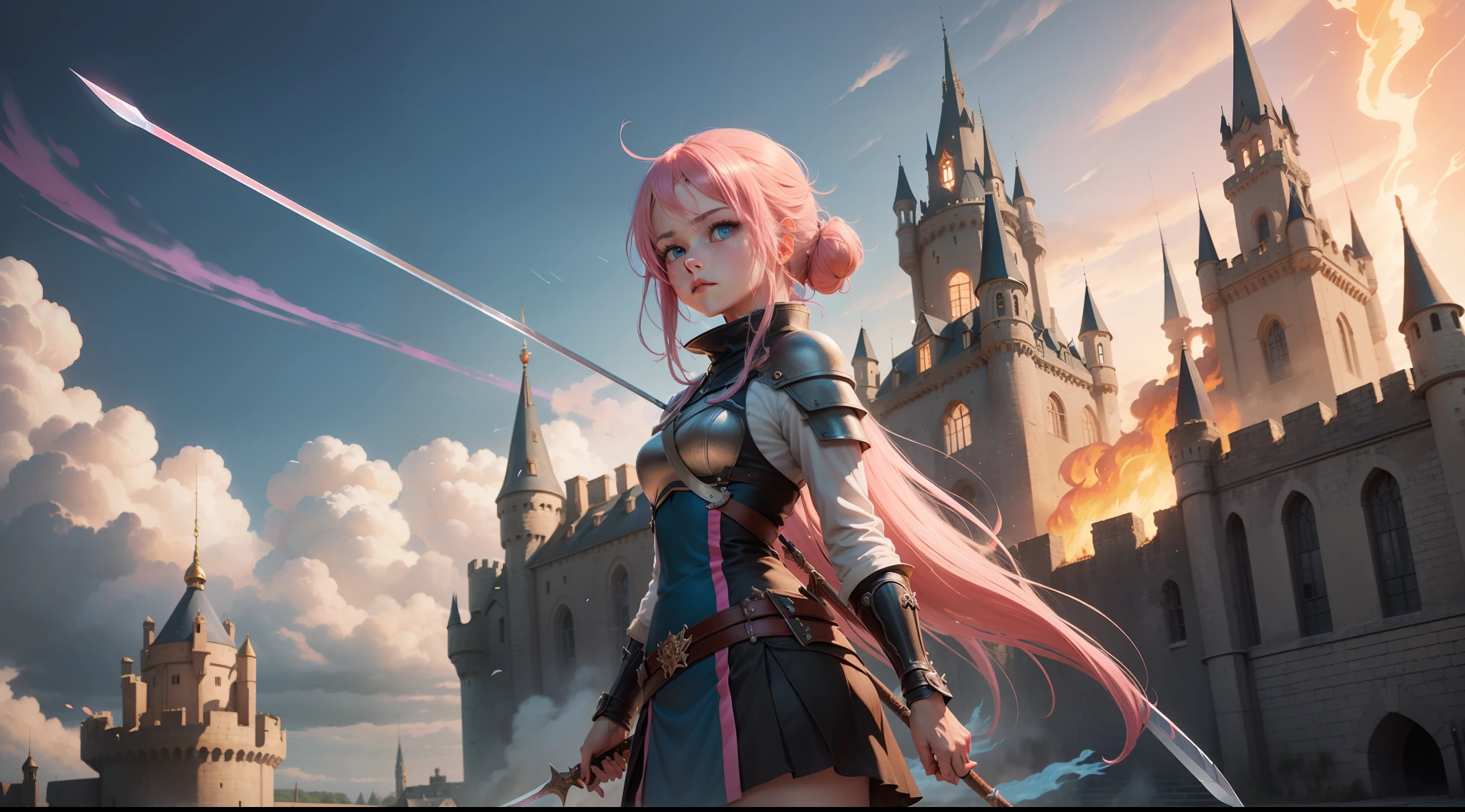 anime girl with pink hair, with blue eyes, with a sword in her hand, with a sad face, full of fire arrows in the sky, and the castle in the background is on fire