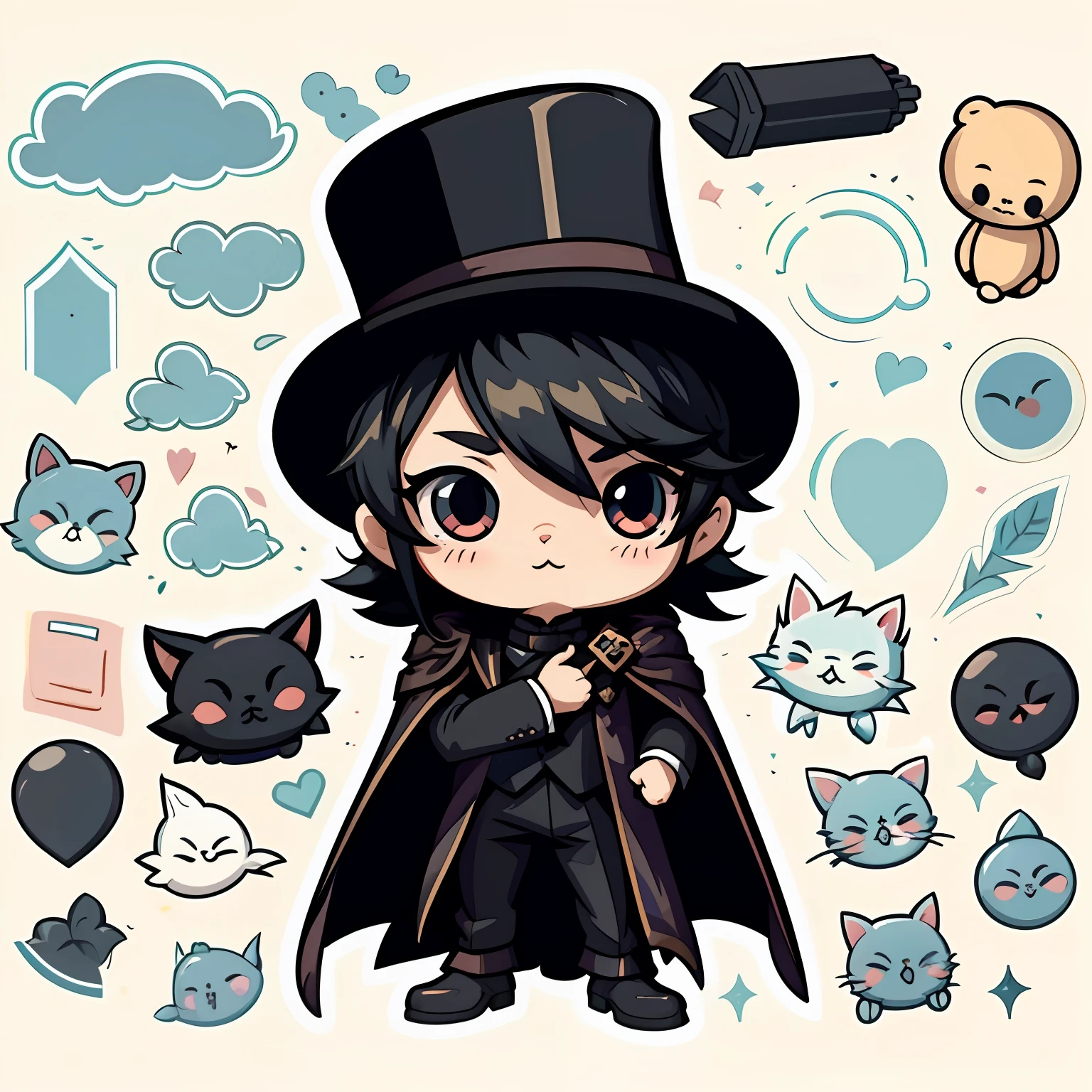 male people、He wears a black tailcoat、Black cloak、Top hat、Eyes closed、White background、simple background、minimalistic、cute little、A tiny、PastelColors、vector image style、no gradien