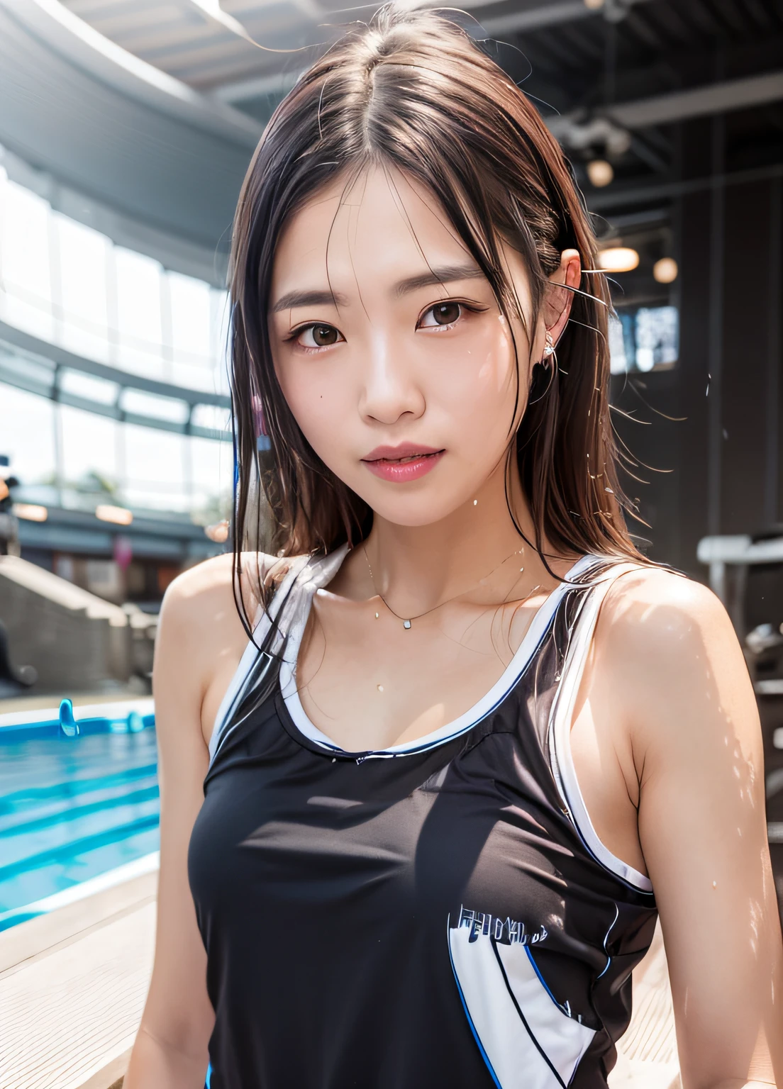 smile、White shirt、A dark-haired、swimming pools