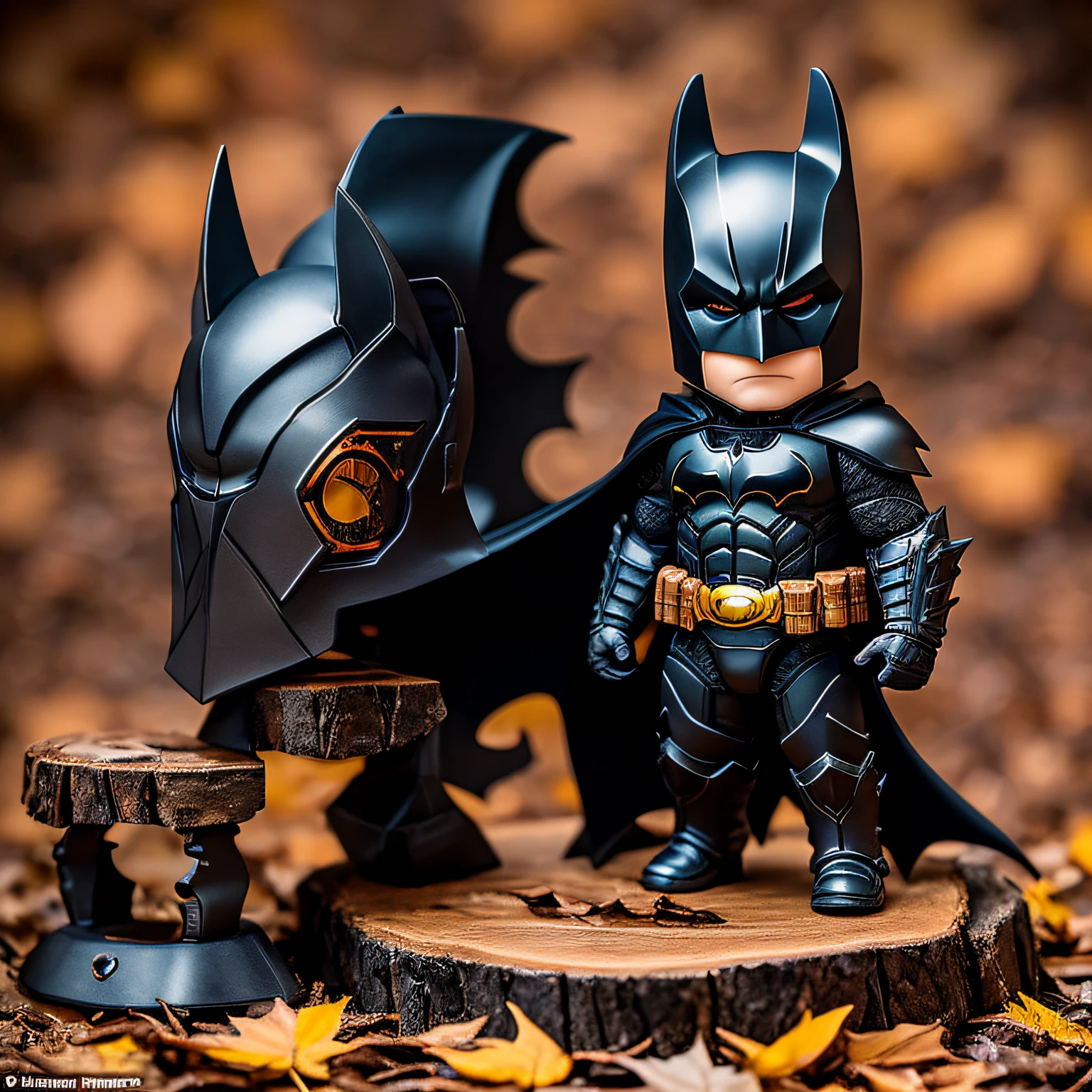 There is a statue of Batman sitting on a log chair, toy photography, pathfinder nendoroid, Shot on Canon EOS R 6, 🍁 Cute, Black and bronze armor, light coming off of the armor, 🍂 Cute, wallpaper hd, style as nendoroid, cinema shot!, in fall, dressed in spartan armour, Black and copper shiny armor --auto