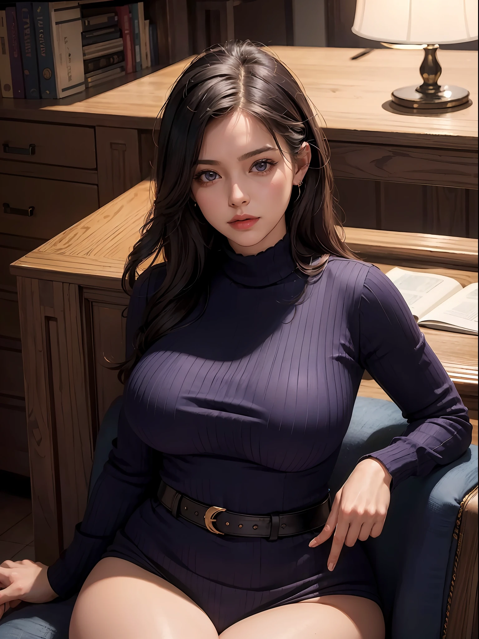 woman(upper body:1.2 1girl, masterpiece, best quality, ultra-detailed, illustration, finely detailed eyes and detailed face) Clothes: military outfit, special force general, Appearance: black hair in a , natural makeup, (purple eyes:1.05), wide hips, massive breasts, alluring, motherly, looking at viewer, curvy, voluptuous, full body, (mature female, milf:1.1), solo, (curvy:1.1), big ass, thick thighs, milf, modern military office background, sitting down, legs crossed