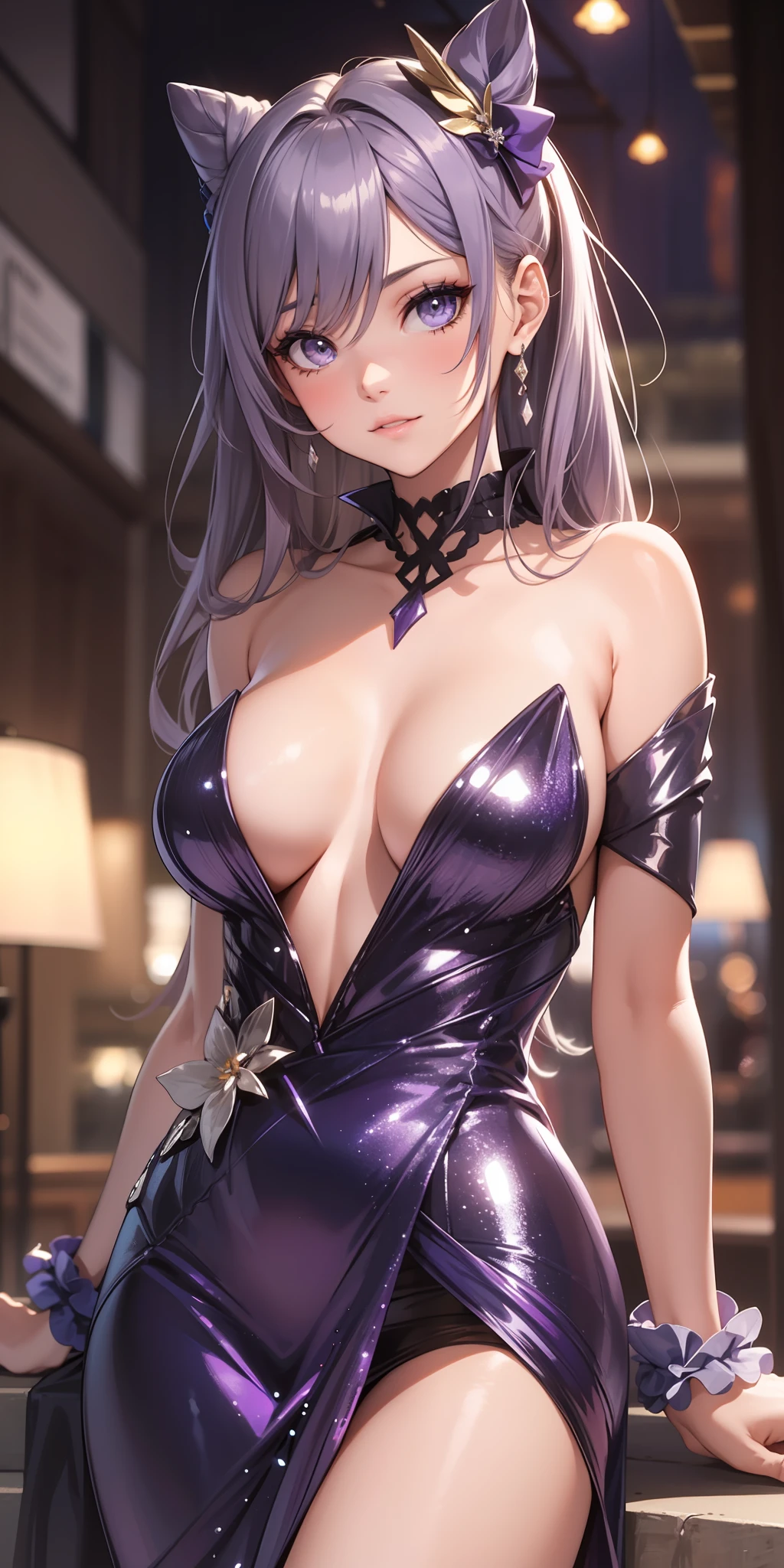 Beautiful sexy girl in a sexy purple-silver-lavender sequin party dress, shiny, stylish