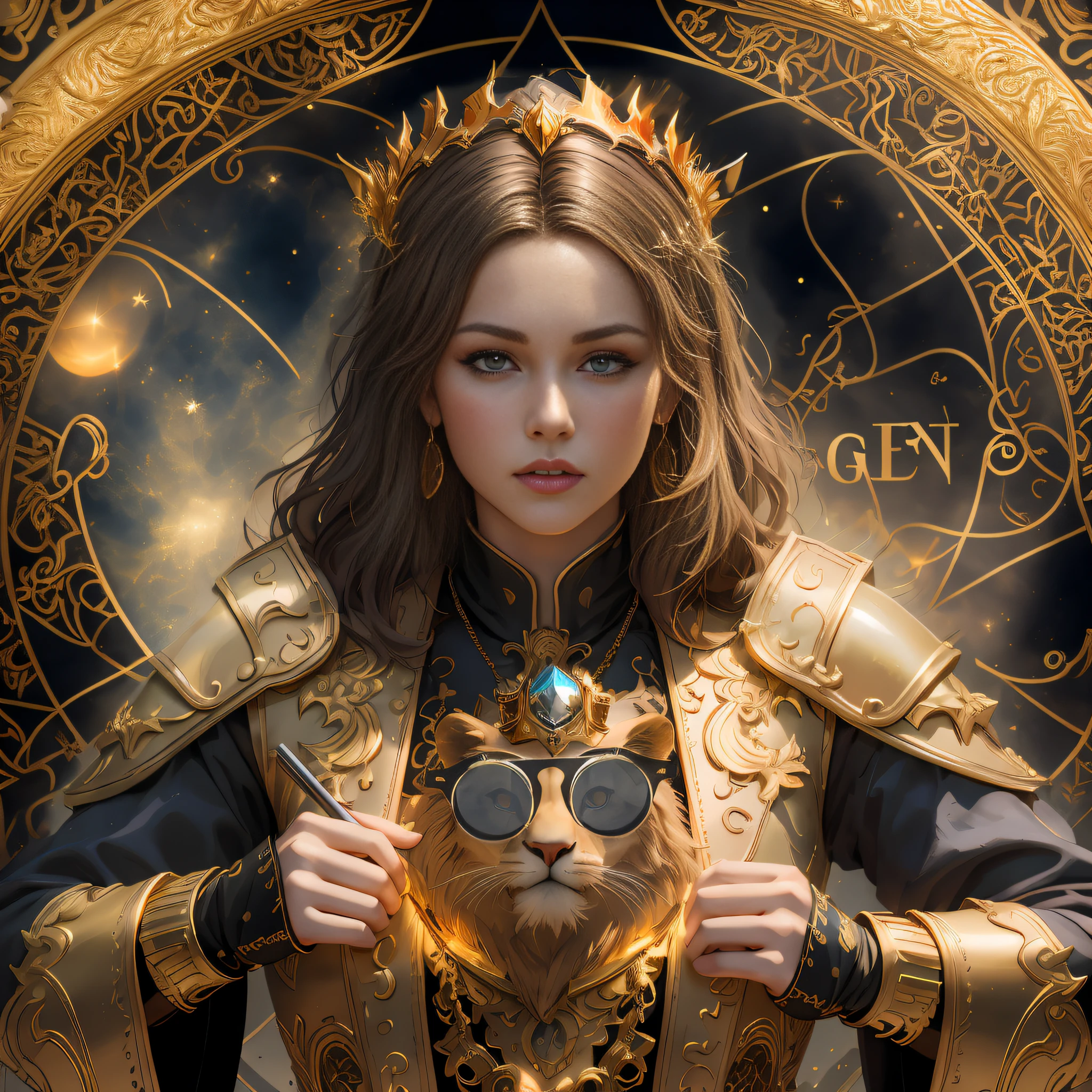Arad woman in golden armor，Holding a golden lion, author：Oliver Sheen, [ trending on CGSociety ]!!, cgsociety contest winner!!, cgsociety contest winner!!!, CGSesociety ), g cgsociety, Deviantart ArtStation CGSCOSIETY, CGsociety masterpiece, cgsociety contest winner, CGCrart - N 5, trending on cgsociety art