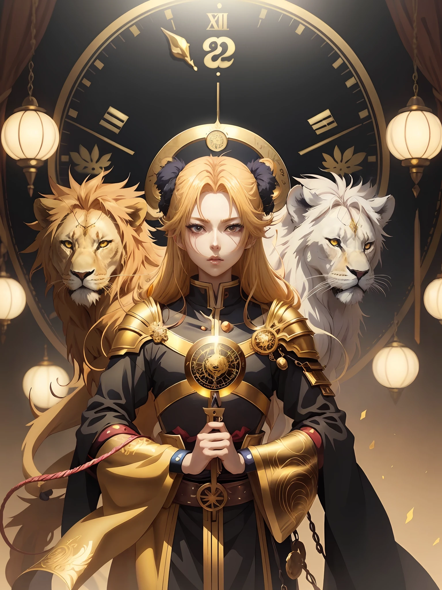 A stunningly beautiful magical golden Leo astrolabe painting of a yellow-haired girl with a lion next to her, anime style 4 k, anime art wallpaper 8 k, anime art wallpaper 4 k, anime art wallpaper 4k, detailed digital anime art, anime fantasy artwork, anime fantasy illustration, by Yuumei, beautiful anime artwork, onmyoji detailed art, 4k anime wallpaper