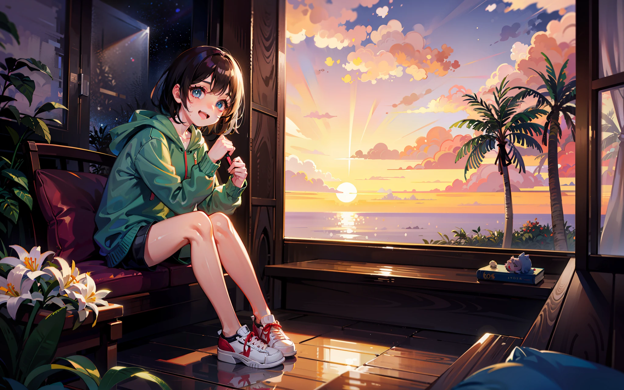 A happy little girl，Holding the guitar，Sit on the roof，Full body photo，Laugh，Wear short green sweatshirts，red sneakers，Medium-long black fluffy hair，There is a house，with flowers and plants，in style of hayao miyazaki，Other little animals, a happy little girl，Round face, big eyes, long eyelashes，Sunset sunset