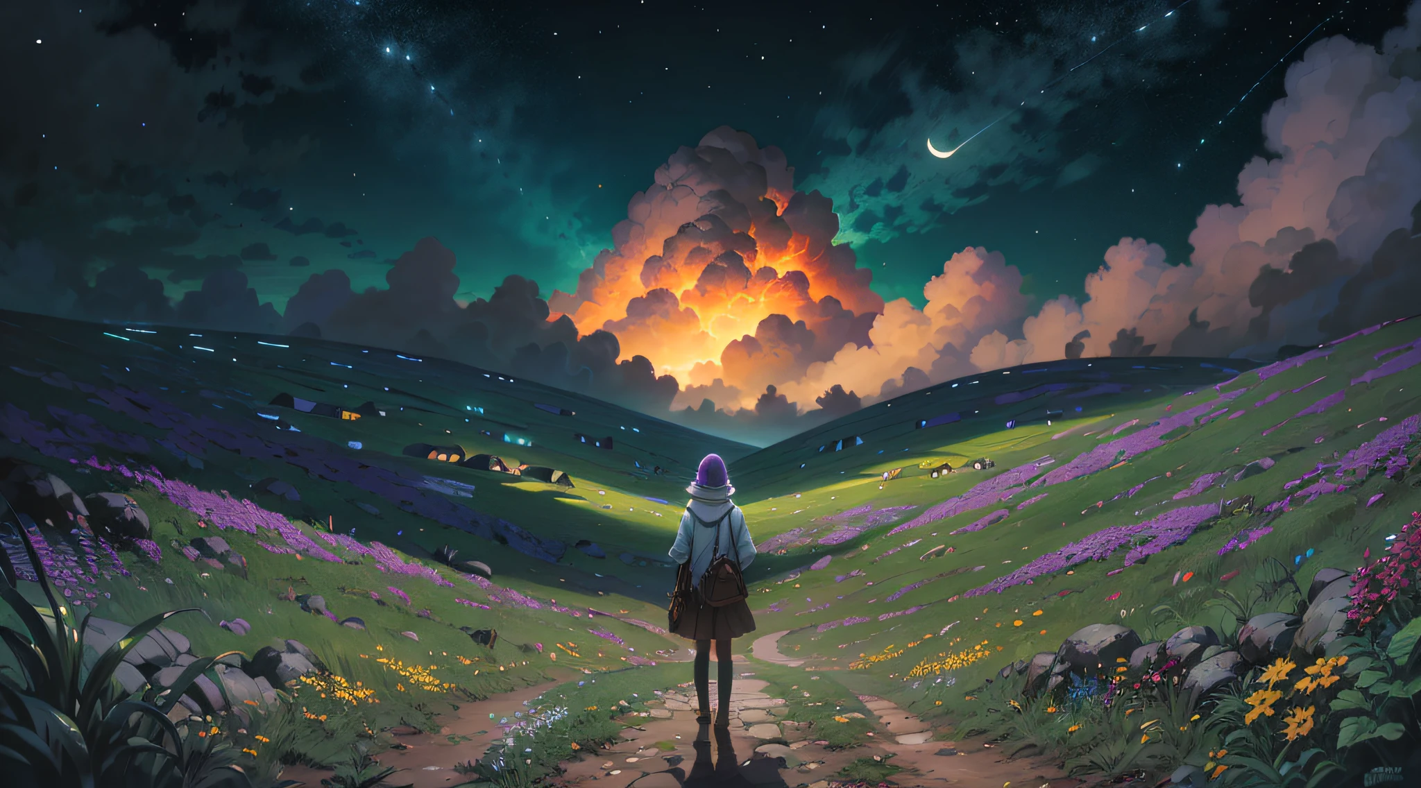 Expansive landscape photograph,(look from down,Above is the sky,Below are open fields),harmony of swirly clouds,A girl standing on a flower field looking up,(moon full:1.2),(meteors:0.9),(Starcloud:1.3),Far Mountain, Tree BREAK making art,(Warm light source:1.2),(glowworm:1.2),lamp lights,Lots of purple and orange,Complicated details,Volumetriclighting,Realism BREAK(tmasterpiece:1.2),(best qualtiy),4K,Ultra-detailed,(dynamic compositions:1.4),The is very detailed,Colorful details,(Irridescent color:1.2),(luminouslighting,Atmospheric lighting),dream magical,magical,(独奏:1.2)