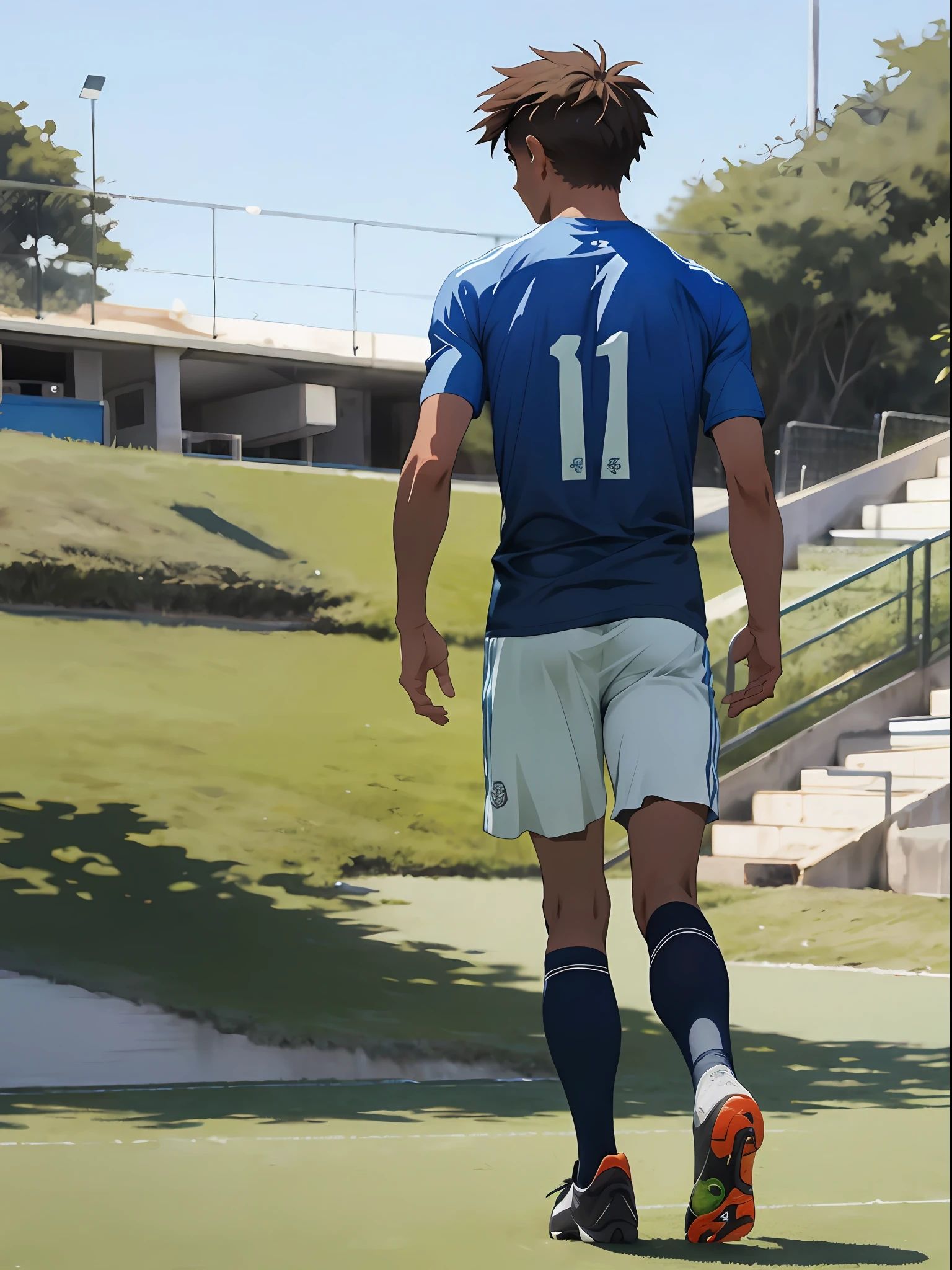 A soccer player stands on the soccer field, Turn his back to the camera,Wearing number 10 blue shirt,In the distance are spectators in the stands
