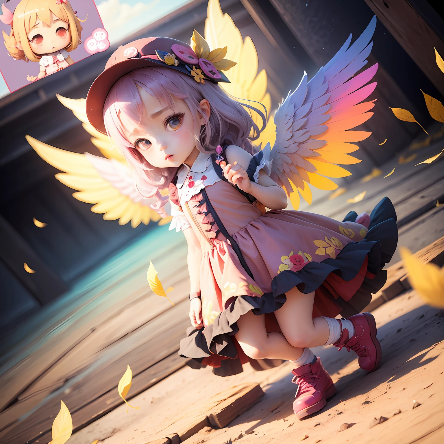 A girl in a colorful hat and a dress with pairs of wings on her back, chibi girl, loli in dress, loli, kawaii chibi, inspired by lyki, chibi art, inspired by Tahara Gu Soda, inspired by Yunduxue, inspired by Wang Lu --auto