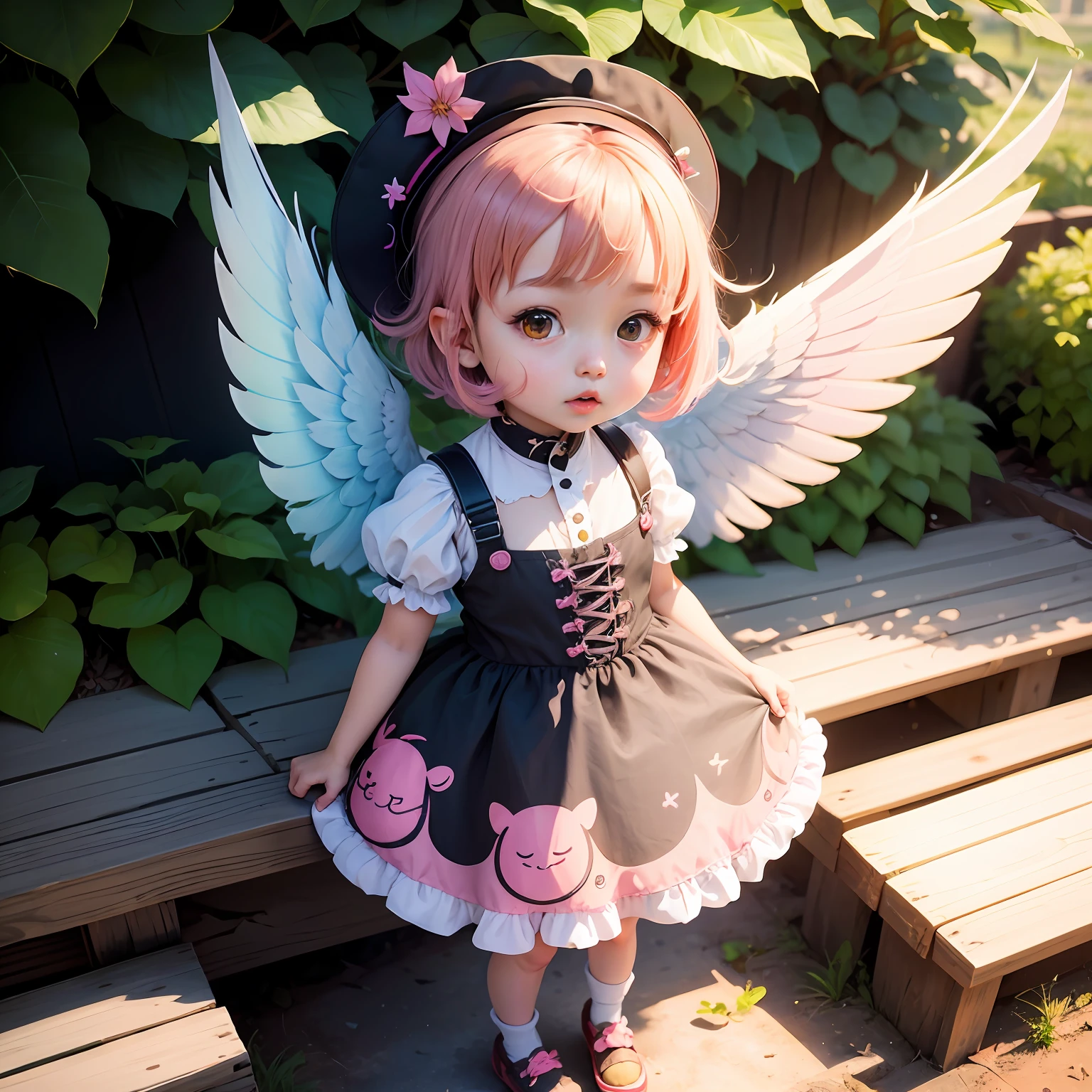 A girl in a colorful hat and a dress with pairs of wings on her back, chibi girl,  in dress, loliwaii chibi, inspired by lyki, chibi art, inspired by Tahara Gu Soda, inspired by Yunduxue, inspired by Wang Lu --auto