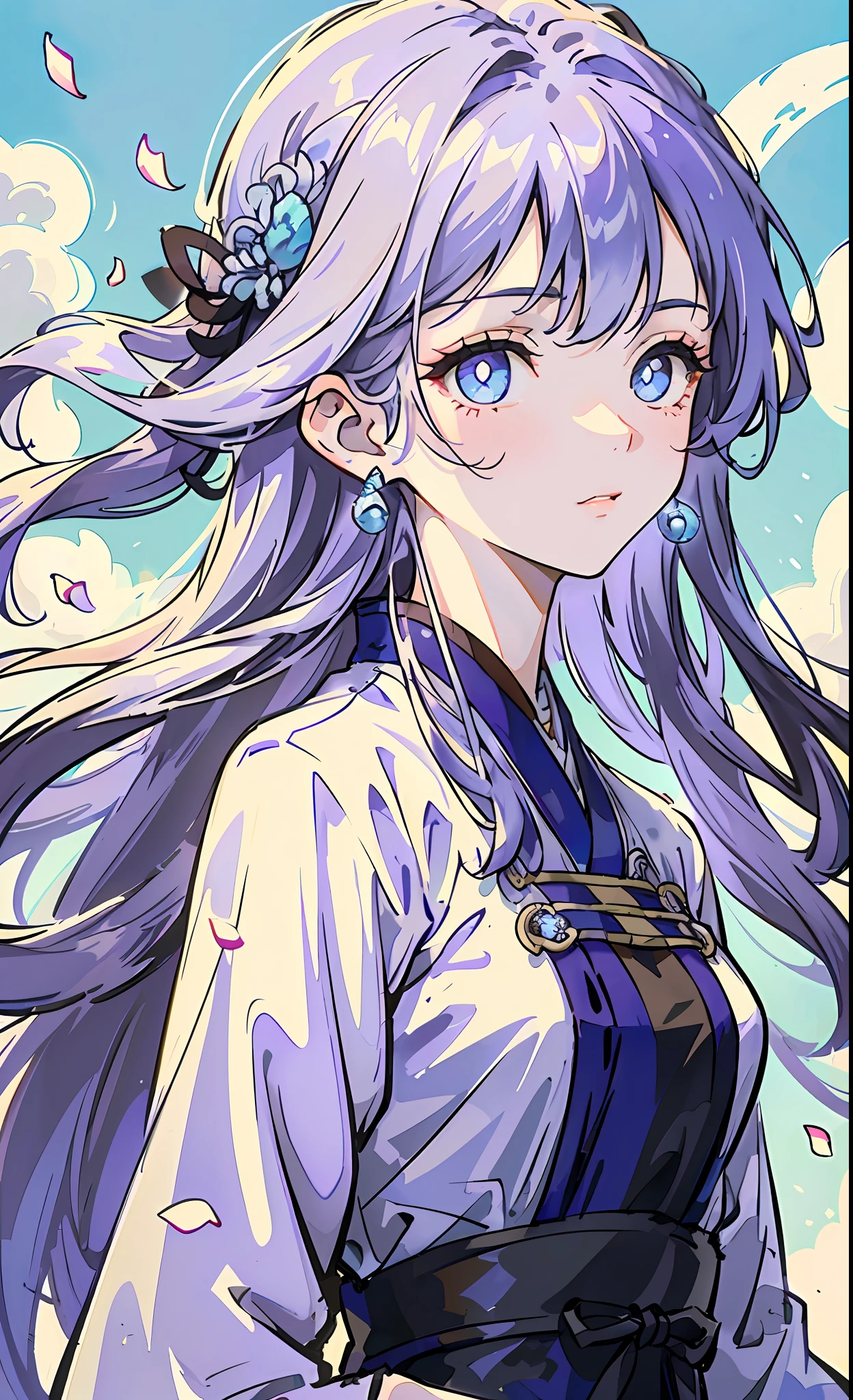 (Mature girl,Crystal purple pupils,Floating blue and white hair,Bright eyes,Delicate damask Hanfu,Accompanied by gorgeous jewelry,Deleite para la vista;Overlooking the perspective,largeaperture,A masterpiece,Blue sky against the backdrop of antique buildings,Fluttering petals,front portrait,The image of Chang'e with mysterious artistic conception,Side light and shadow outline,The sun shines on them,Screen resolution up to 8K)