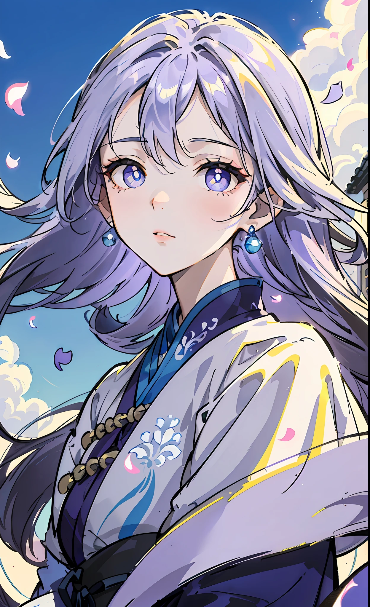 (Mature girl,Crystal purple pupils,Floating blue and white hair,Bright eyes,Delicate damask Hanfu,Accompanied by gorgeous jewelry,Deleite para la vista;Overlooking the perspective,largeaperture,A masterpiece,Blue sky against the backdrop of antique buildings,Fluttering petals,front portrait,The image of Chang'e with mysterious artistic conception,Side light and shadow outline,The sun shines on them,Screen resolution up to 8K)