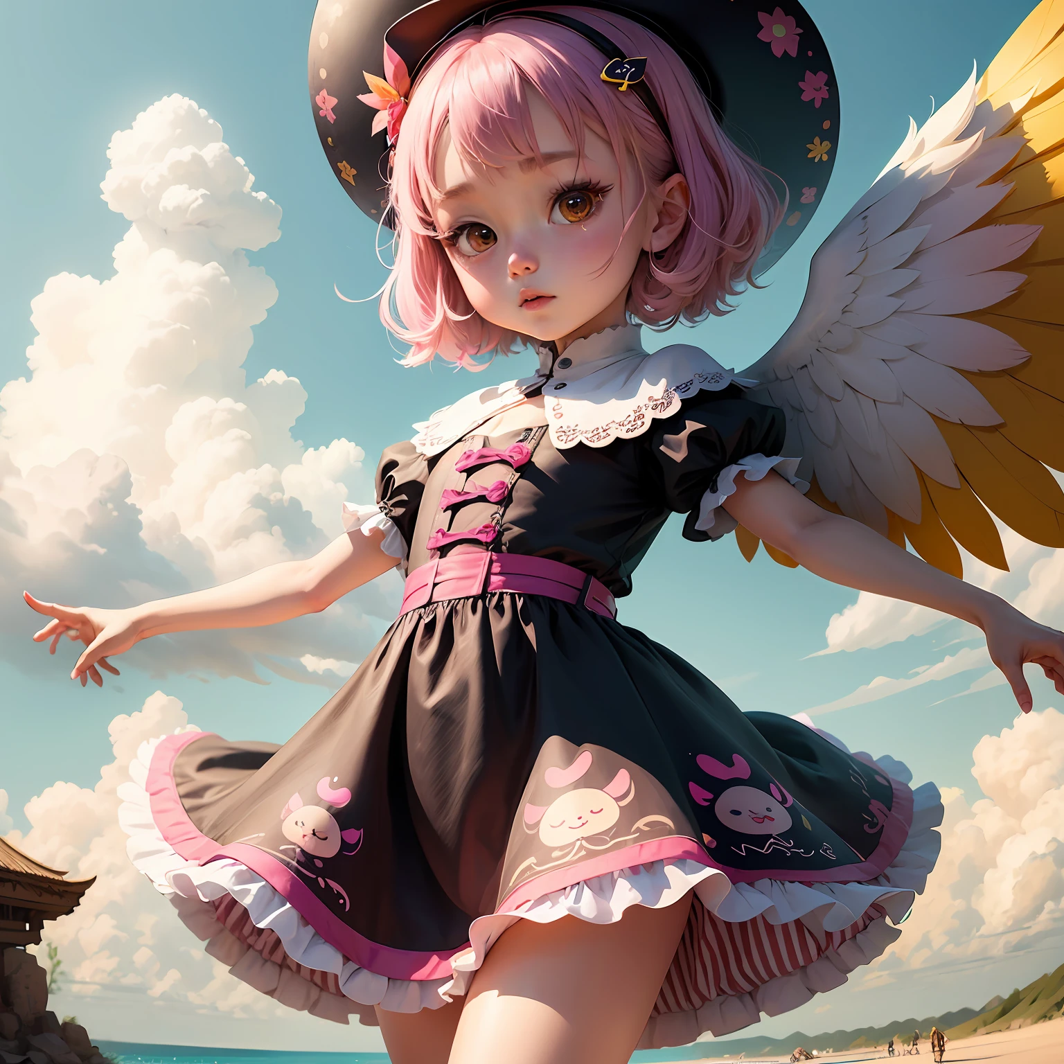 A girl in a colorful hat and a dress with pairs of wings on her back, chibi girl, loli in dress, loli, kawaii chibi, inspired by lyki, chibi art, inspired by Tahara Gu Soda, inspired by Yunduxue, inspired by Wang Lu --auto