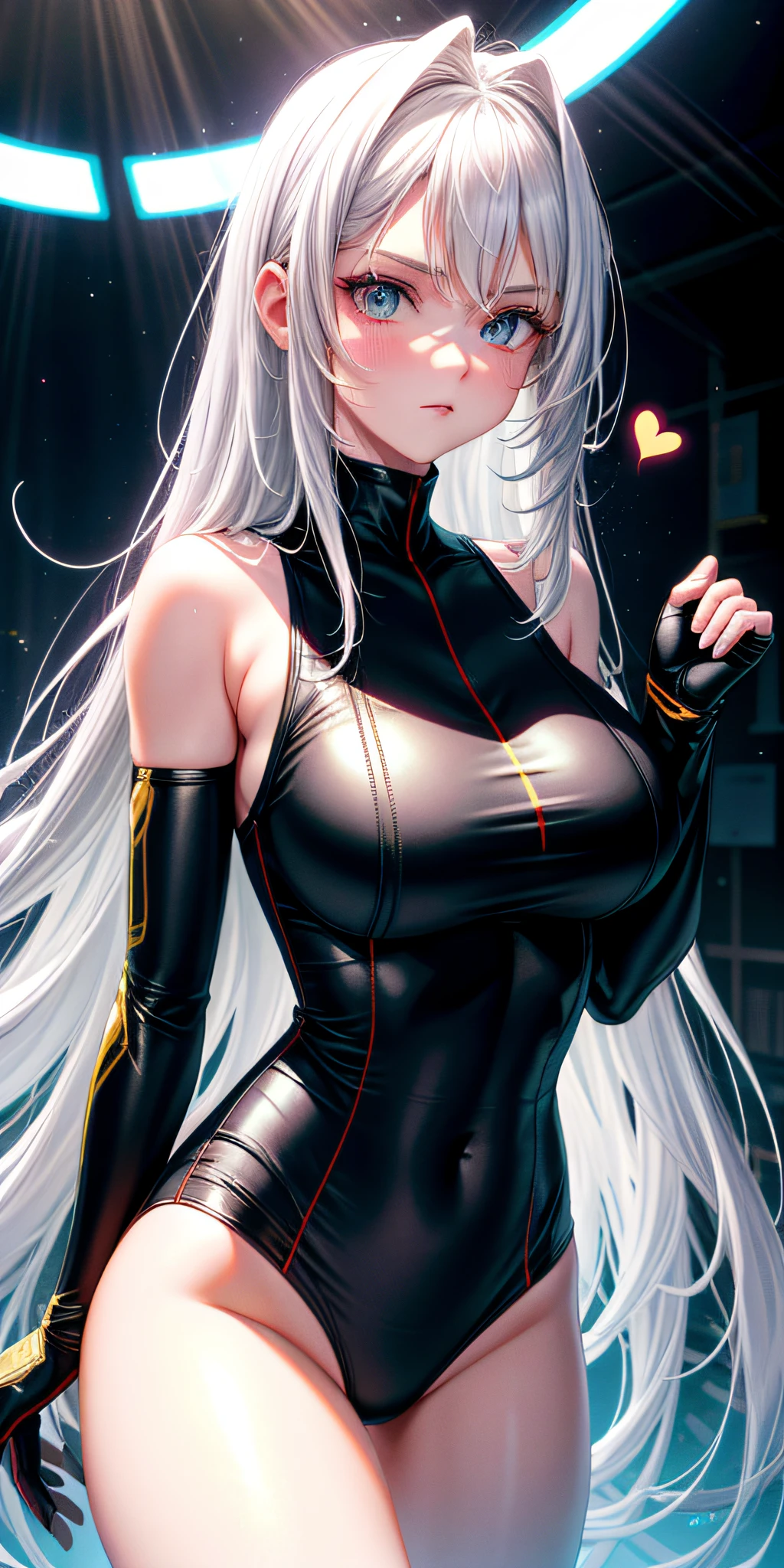 realisticlying，1girll，Long white hair，high qulity,heart shape eye，glowing light eyes，sport underwear，Frontal view，dewpoint，blacksilk，Be red in the face，full bodyesbian，suns，rays of sunshine，huge tit，intricately details，screen space reflextions, RTX, edge lit, rim-light, edge lit, best illuminate,2K