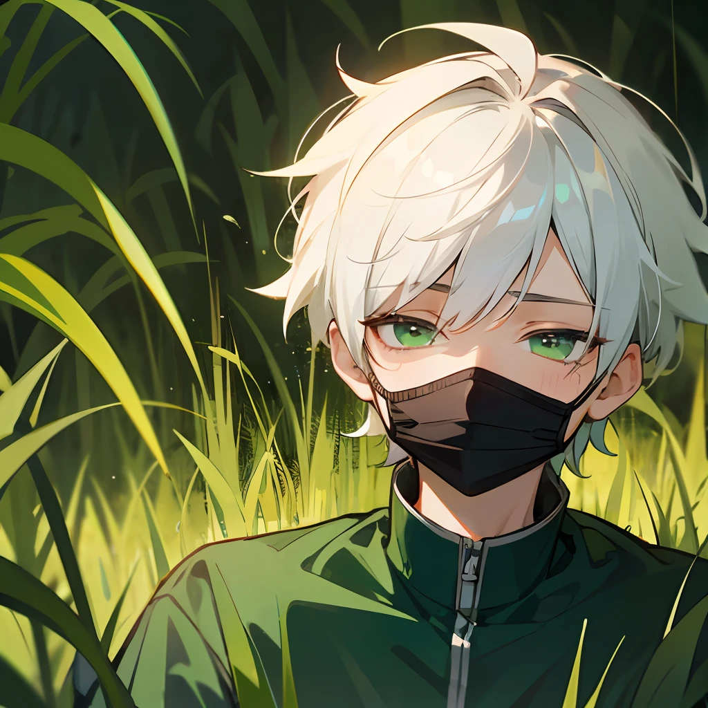 Anime boy sitting on the grasses, open air, green light eyes , white hairs, sleepy boy, the boy wears mouth mask, he looks bored ,there are green grasses --auto --s2
