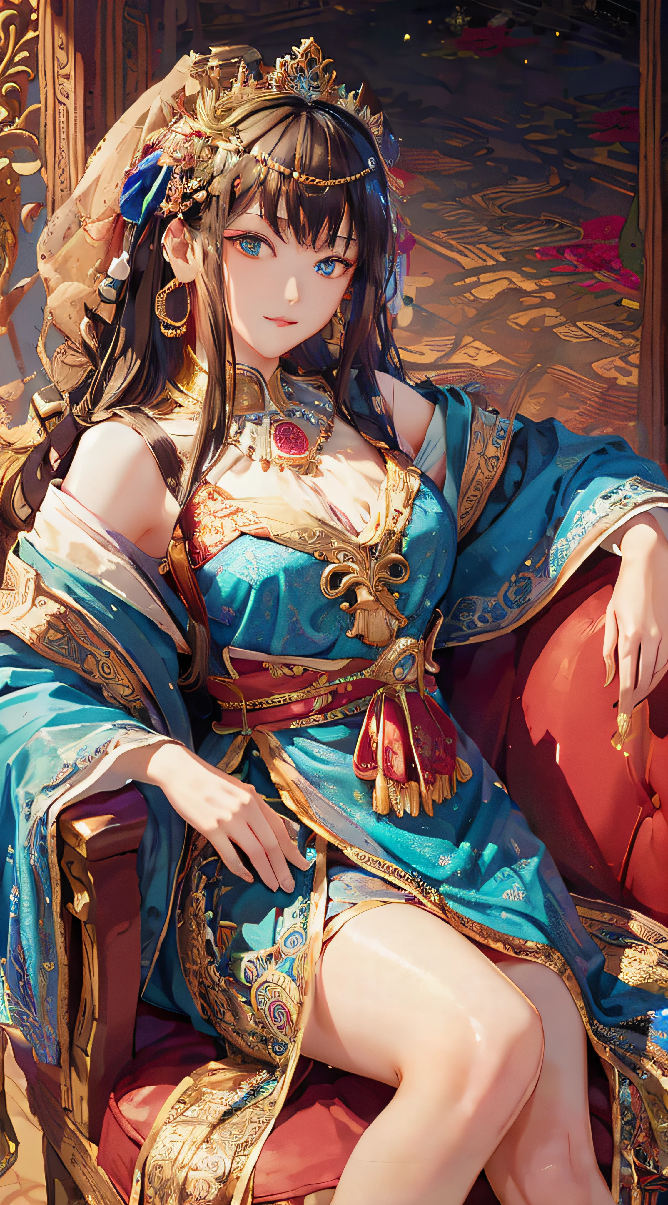 (Masterpiece, Top Quality, Best Quality, Official Art, Beauty and Aesthetics: 1.2), (1girl: 1.2), Very Detailed, (Fractal Art: 1.2), Colorful, Most Detailed, (Zentangle: 1.2), (Dynamic Pose), (Abstract Background: 1.5), (Traditional Clothing: 1.2), (Shiny Skin), (Multiple Colors: 1.4), Bust, Palace, Chinese Princess, Dressed in Gorgeous Clothes, Sitting on a Throne,