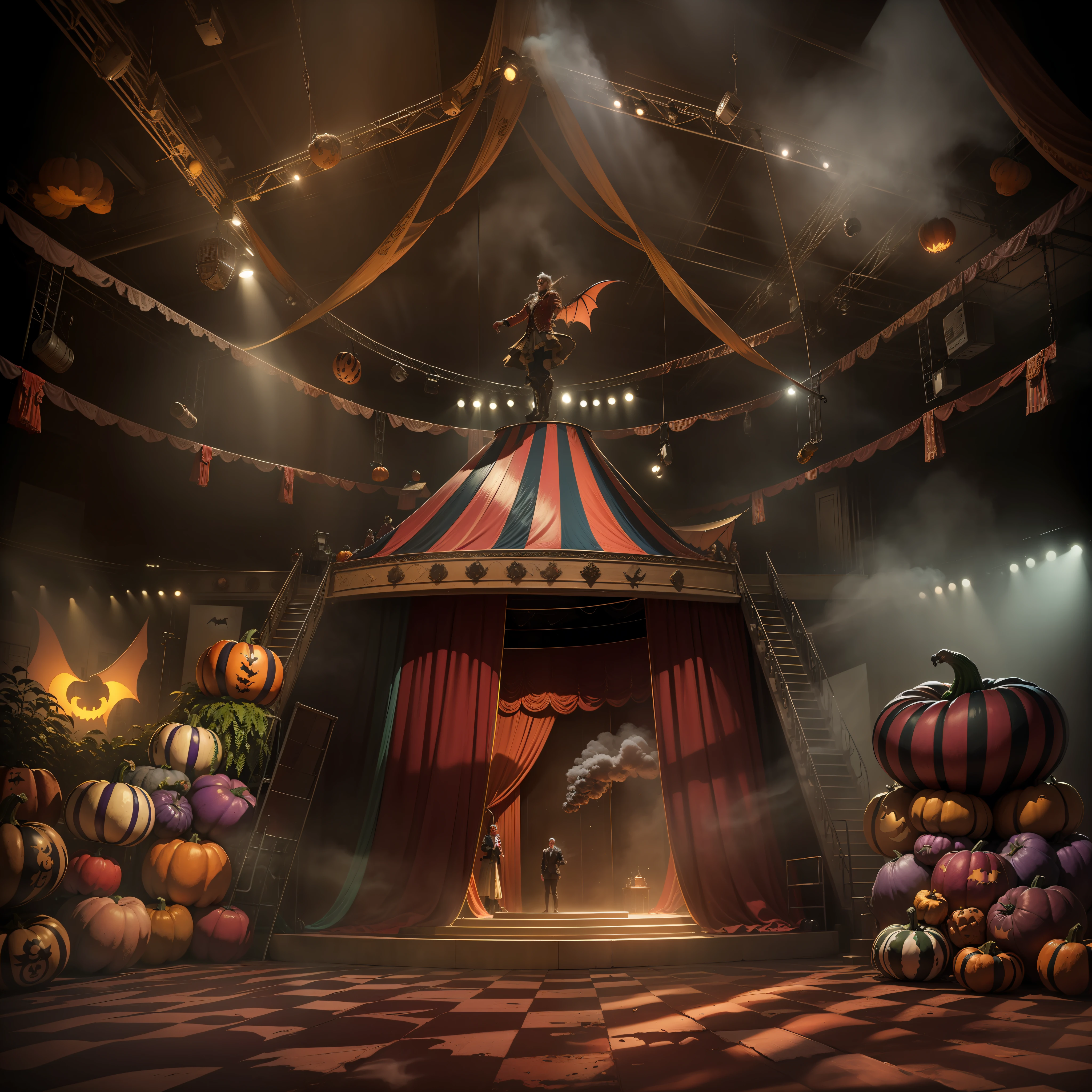 circus,jocker,Scary animals,pumpkins,the bats,Stage effects,stage lighting,Stage surrounded by smoke,True ray tracing