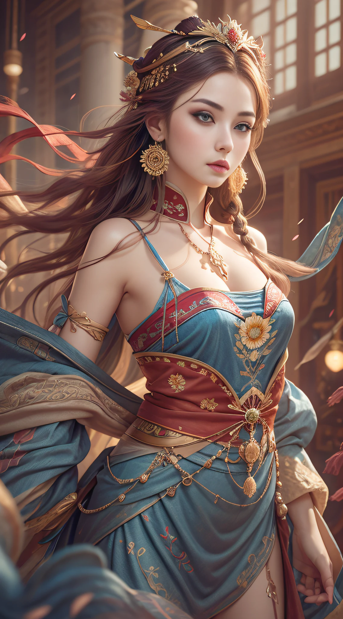 Best quality, masterpiece, ultra-detailed high resolution, (realistic: 1.4), original photos, illustrations,
1 Girl Holding Weapon, (Solo Exhibition: 1.2), (Denim Lens: 1.2), (Hair Crown: 1.2), Chinese Dunhuang Traditional Costume, No Straps, (Red Eyeliner: 1.2), (: 1.4), Earrings, Dynamic Angle, Opera House, messy_long_hair, Ink, Movie Lights, lens_flare, Velvet, Chrysanthemum, Tassels, Ribbons, Color Embroidery,