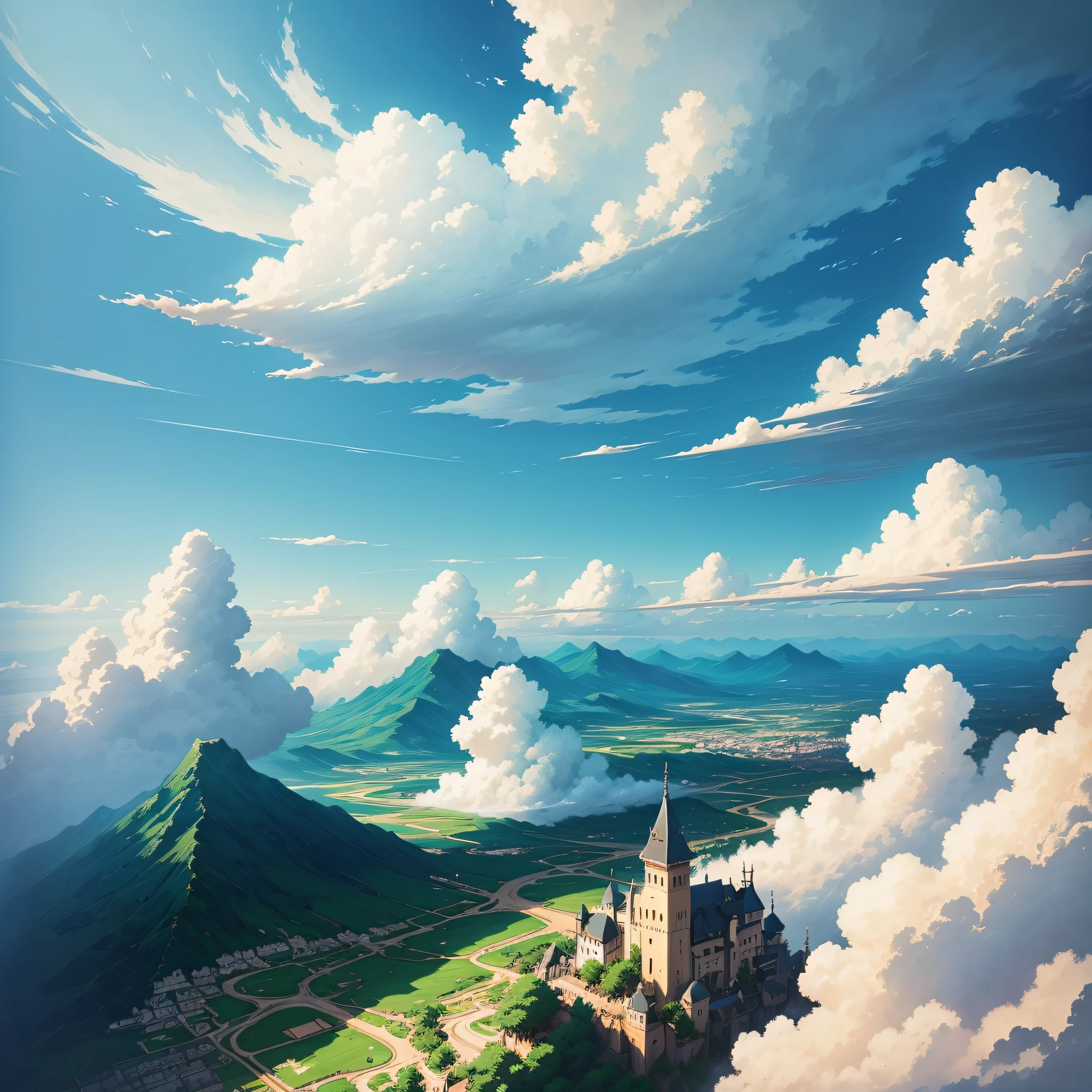 animesque、Skyscape with clouds、Landscape without buildings、You can see the touch of the brush、Studio Ghibli、Ghibli、a sultry、the ground is wet、Scenery、Style、Golden Time、sky line、natta --auto