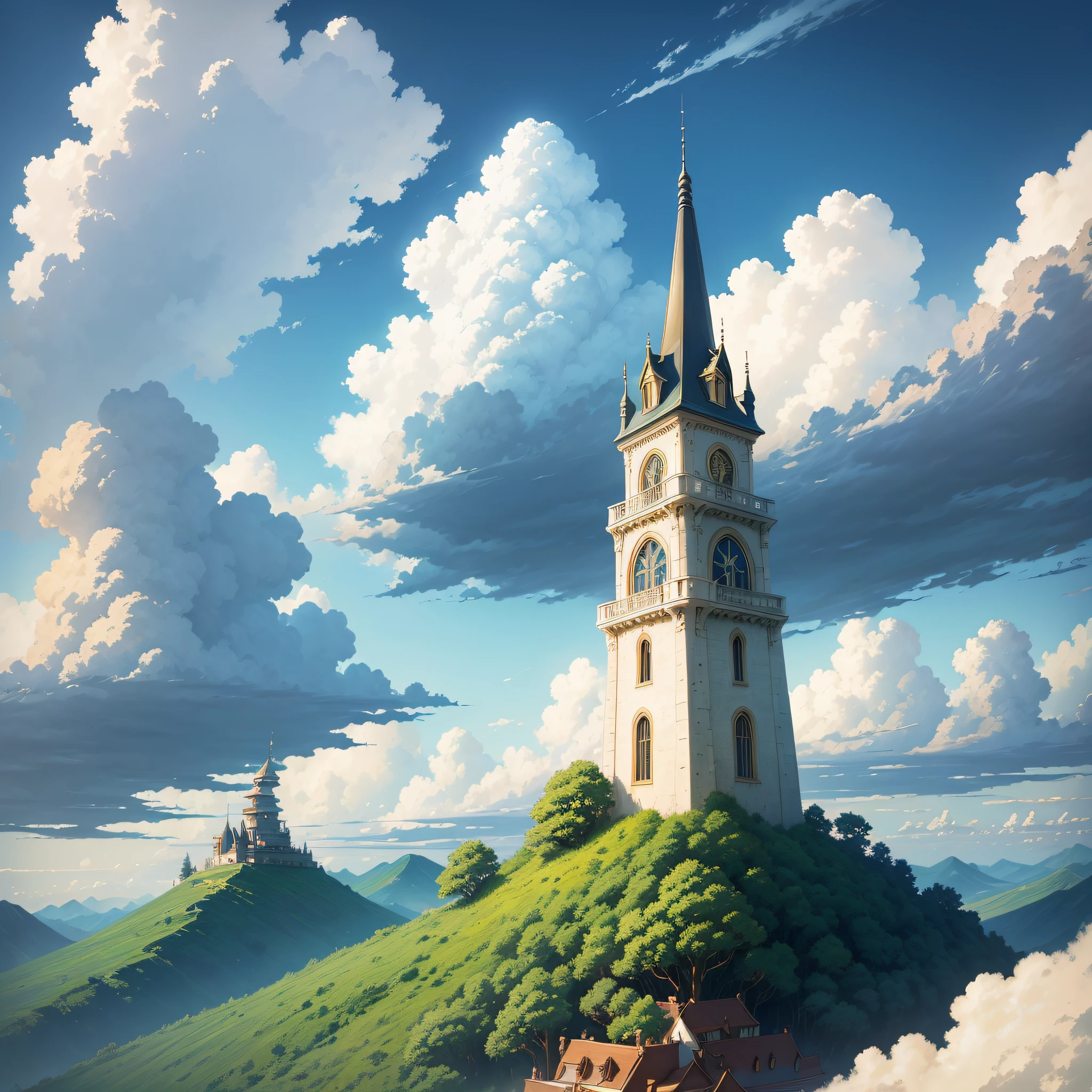 animesque、Skyscape with clouds、Landscape without buildings、You can see the touch of the brush、Studio Ghibli、Ghibli、a sultry、the ground is wet、Scenery、Style、Golden Time、sky line、natta --auto