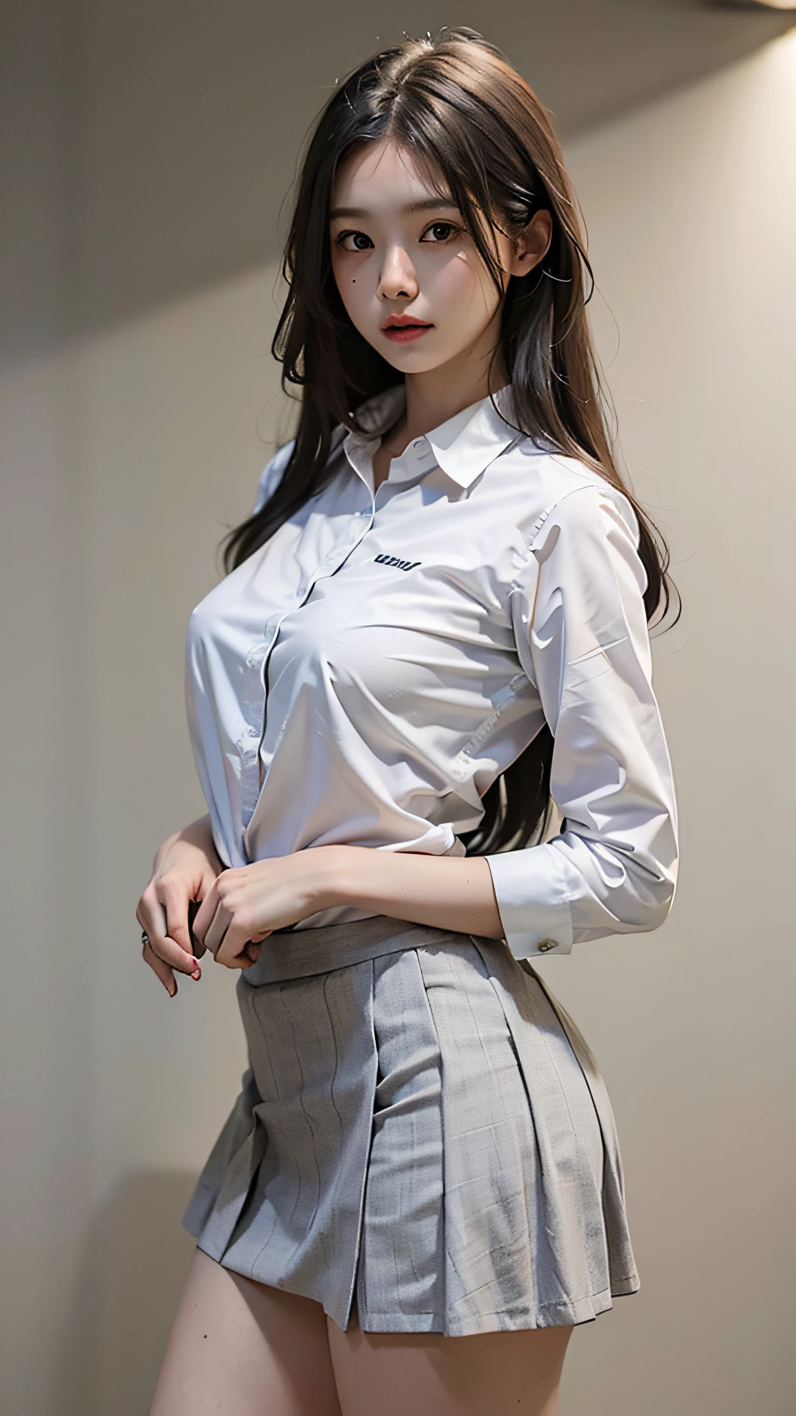 Beautiful woman wearing white shirt and  skirt detailed body, layered hair