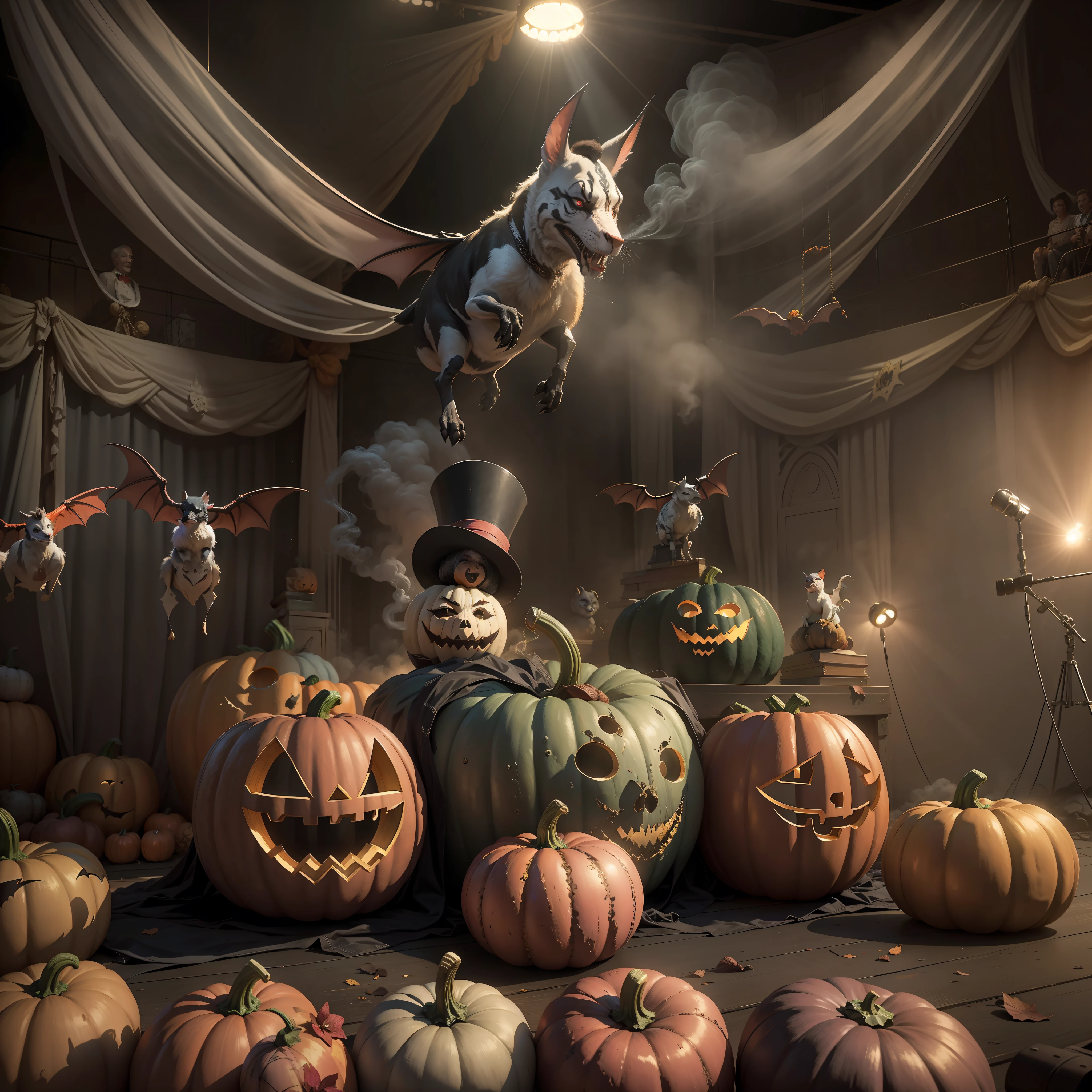 circus,jocker,Scary animals,pumpkins,the bats,Stage effects,stage lighting,Stage surrounded by smoke,True ray tracing