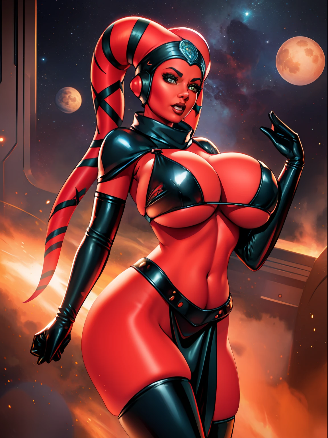 busty, (((gigantic boobs))), ((red skin), twi'lek), dancing seductively, sexy space dancer, (wearing black tunic, tabard, cowl, body glove, straps, buckles, long skirts, long sleeves, fantasy), ((busty), slender body, thin, slim sexy body, slim waist, long legs, toned legs, ((((gigantic breasts))))), Imperial starship, Star Wars,