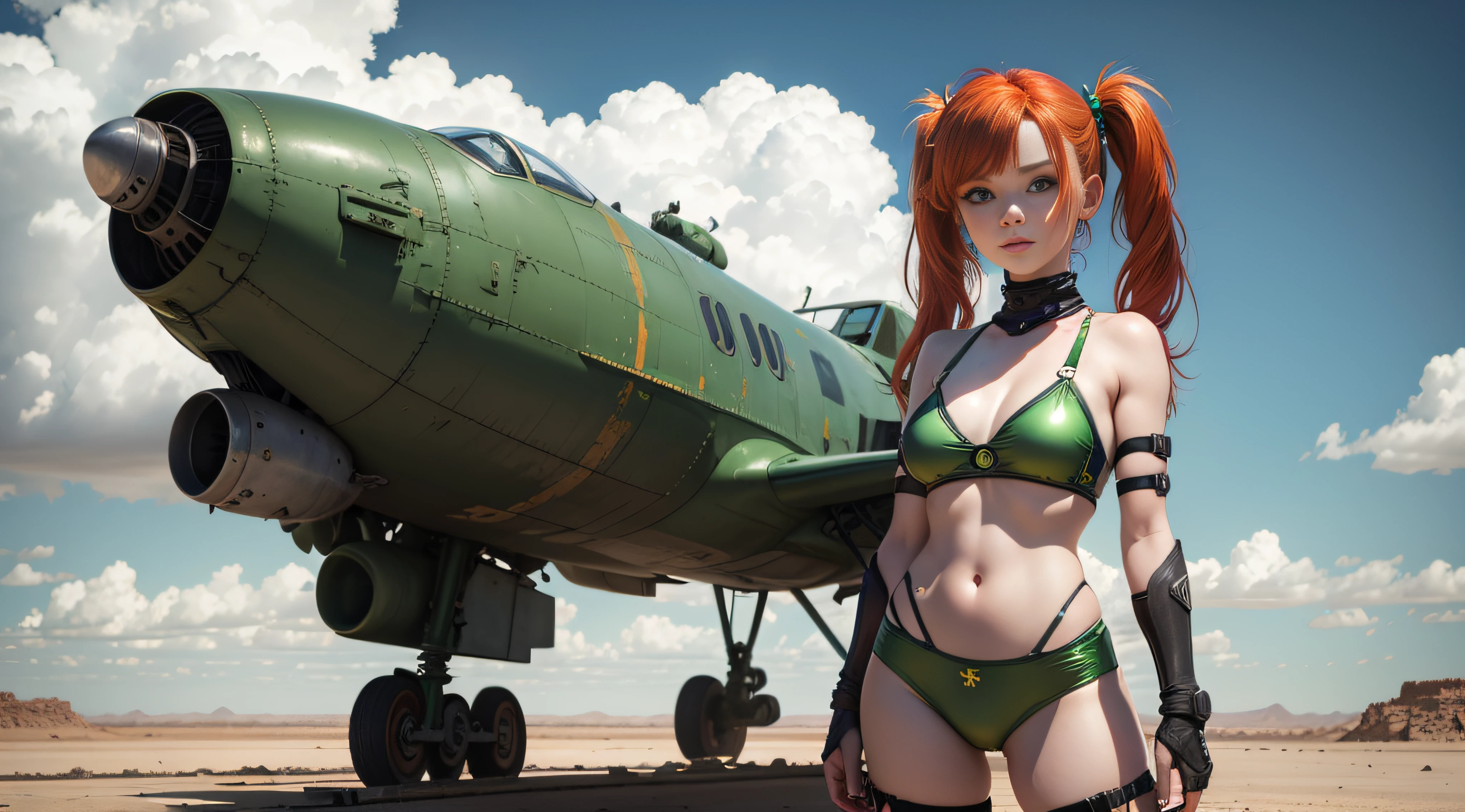 cute redhead woman in twin tails, multiple rainbow colored hair, sky-blue eyes, happy, Ukrainian, petite, pale skin, wearing a green metallic color bikini, post apocalyptic background, bleak barren desert, photo realistic woman. --auto