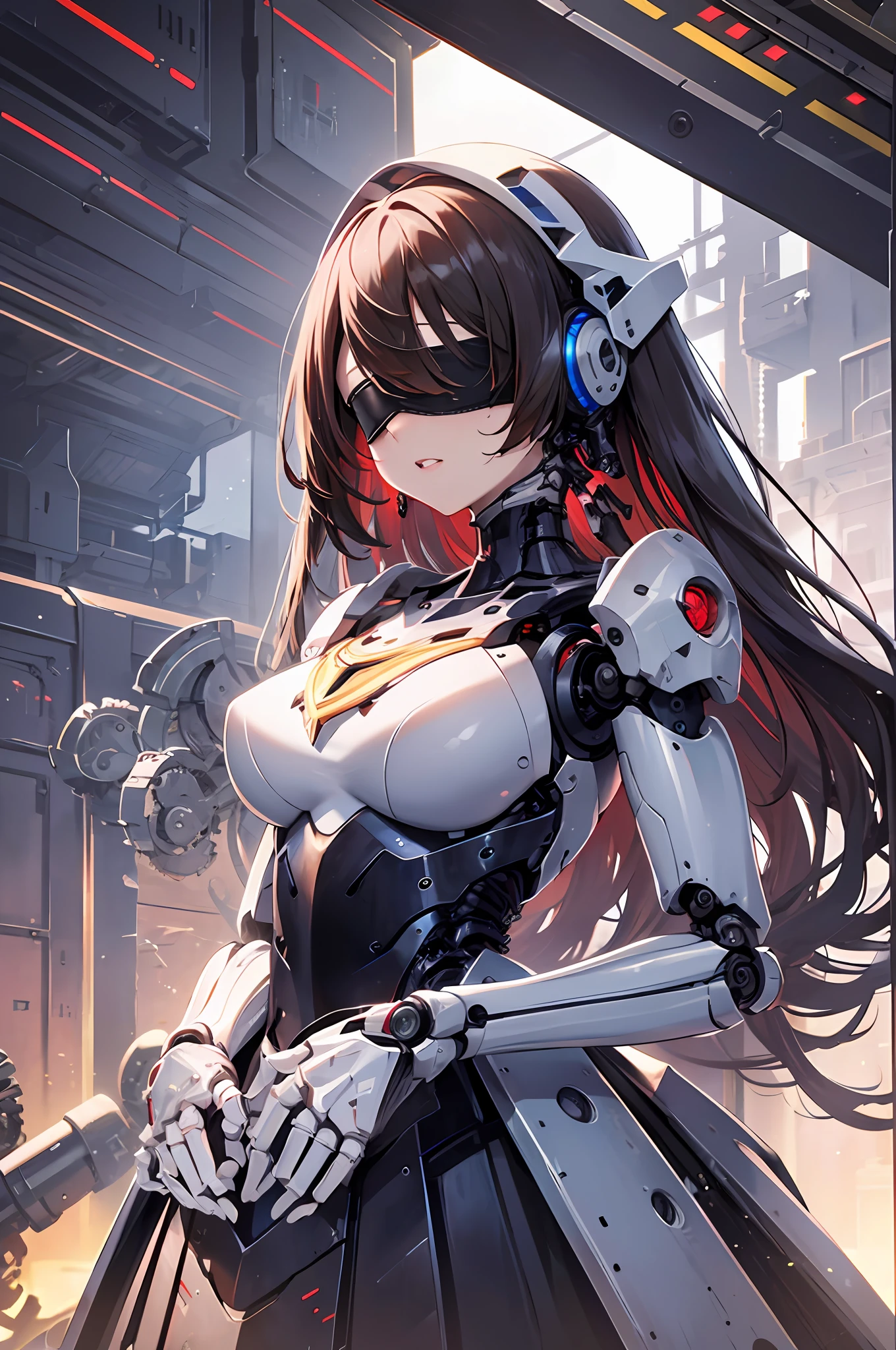 Top quality, super detailed, Super detailed details, fine detail, incredibly beautiful, princess knight robot, (only the mouth is visible), thick lips, (machine joints, machine limbs:1.3), (Machine internal structure exposure:1.3), (red long hair1.1), white Veils, cowboy_shot, side focus, headgear, shiny, (mechanical blindfold), (five fingers, 4fingers and 1thumb),
