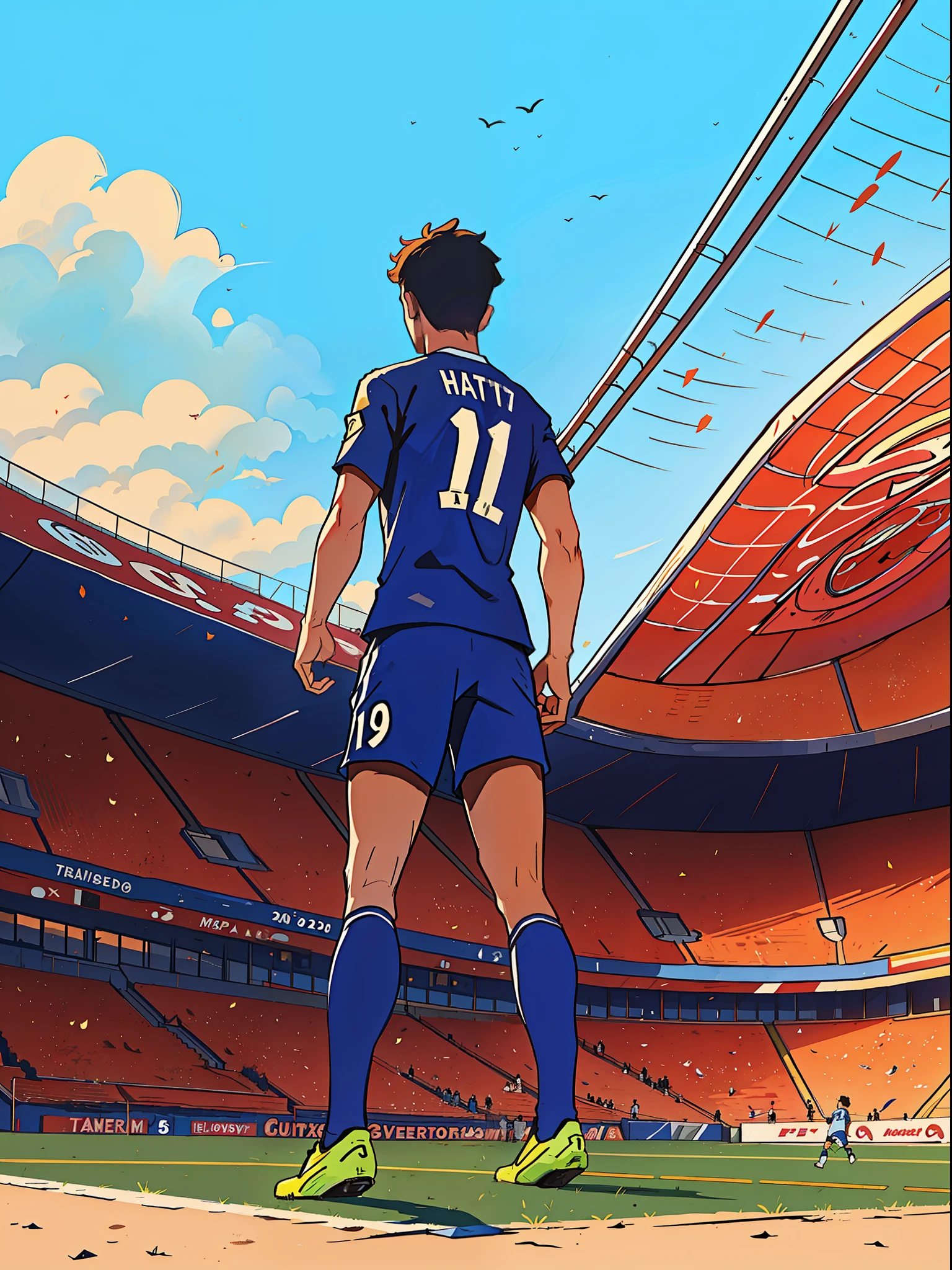 A soccer player stands on the soccer field, Turn his back to the camera，Wearing number 10 blue shirt，In the distance are spectators in the stands