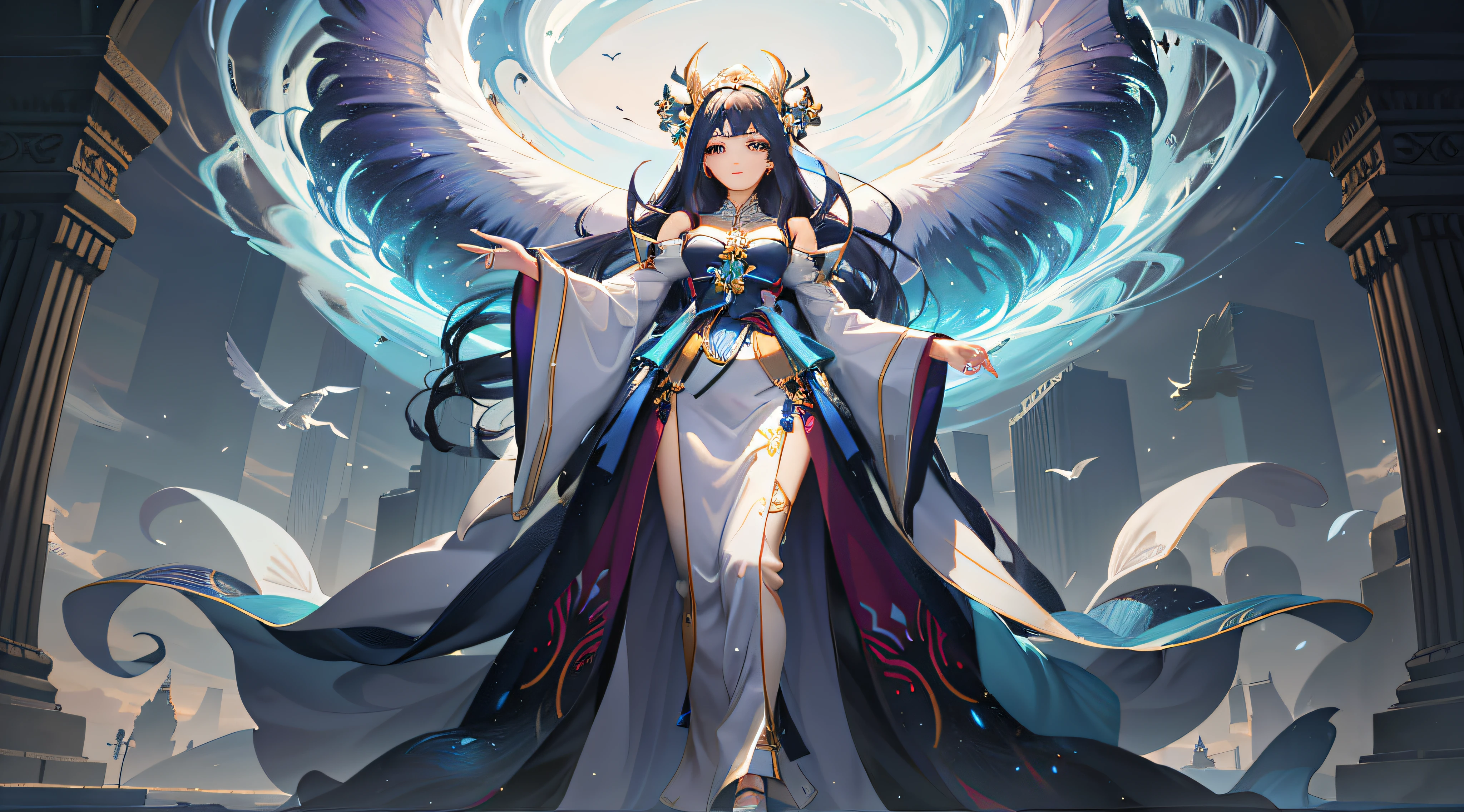 a close up of a drawing of a woman in a dress,There is a big bird on his head, a beautiful fantasy empress, Extremely detailed Artgerm, art-style, concept-art | Art germ, 2. 5 D CGI anime fantasy artwork, Art germ on ArtStation Pixiv, Anime fantasy illustration, Onmyoji detailed art, Beautiful celestial mage