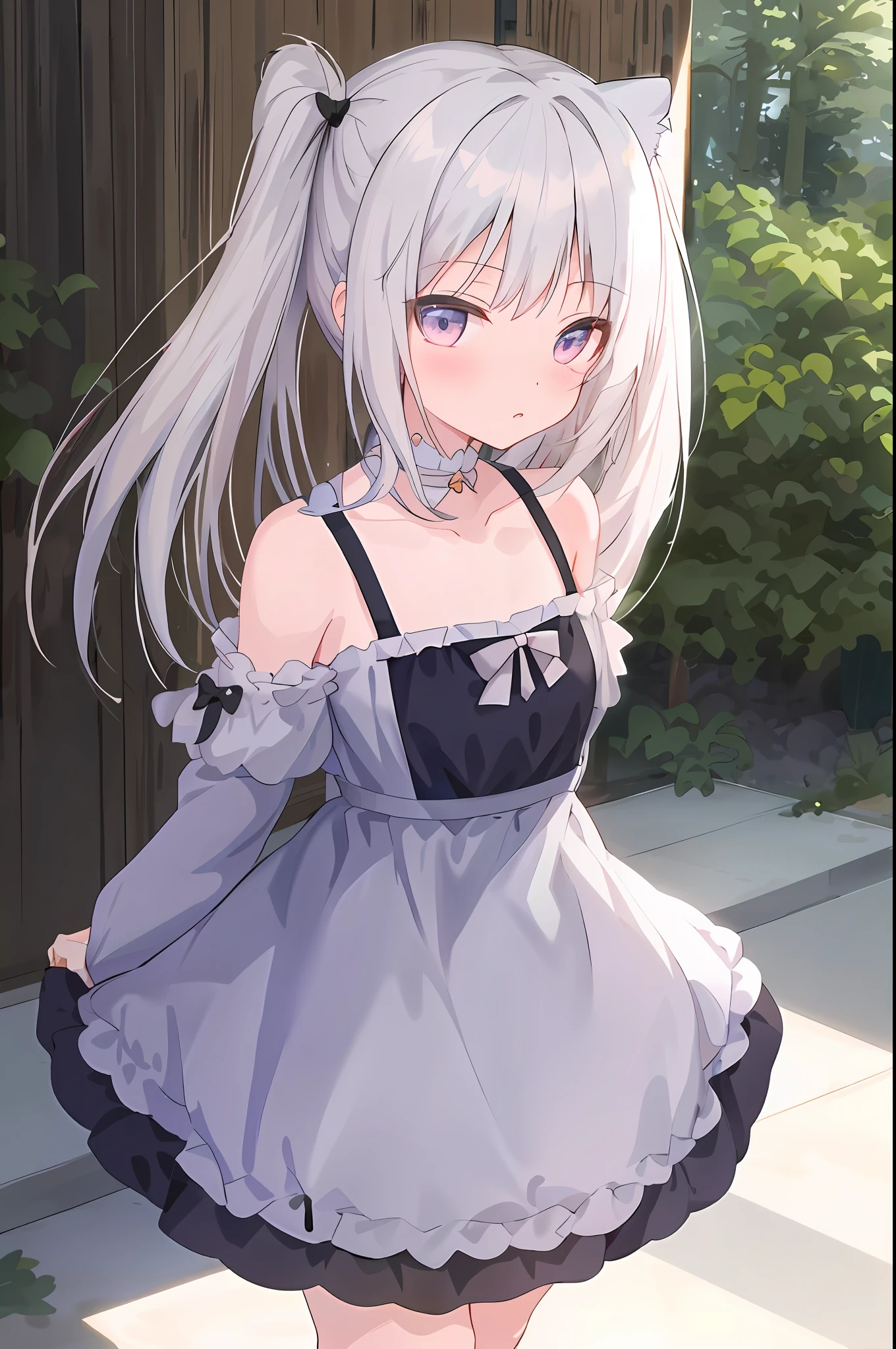 Anime girls wear short skirts，Cat ears and bow, loli in dress, cute anime waifu in a nice dress, small curvaceous loli, Anime girl wearing black dress, anime visual of a cute girl, anime moe art style, Smooth anime CG art, from girls frontline, Cute anime girl, Perfect white haired girl, pretty anime girl