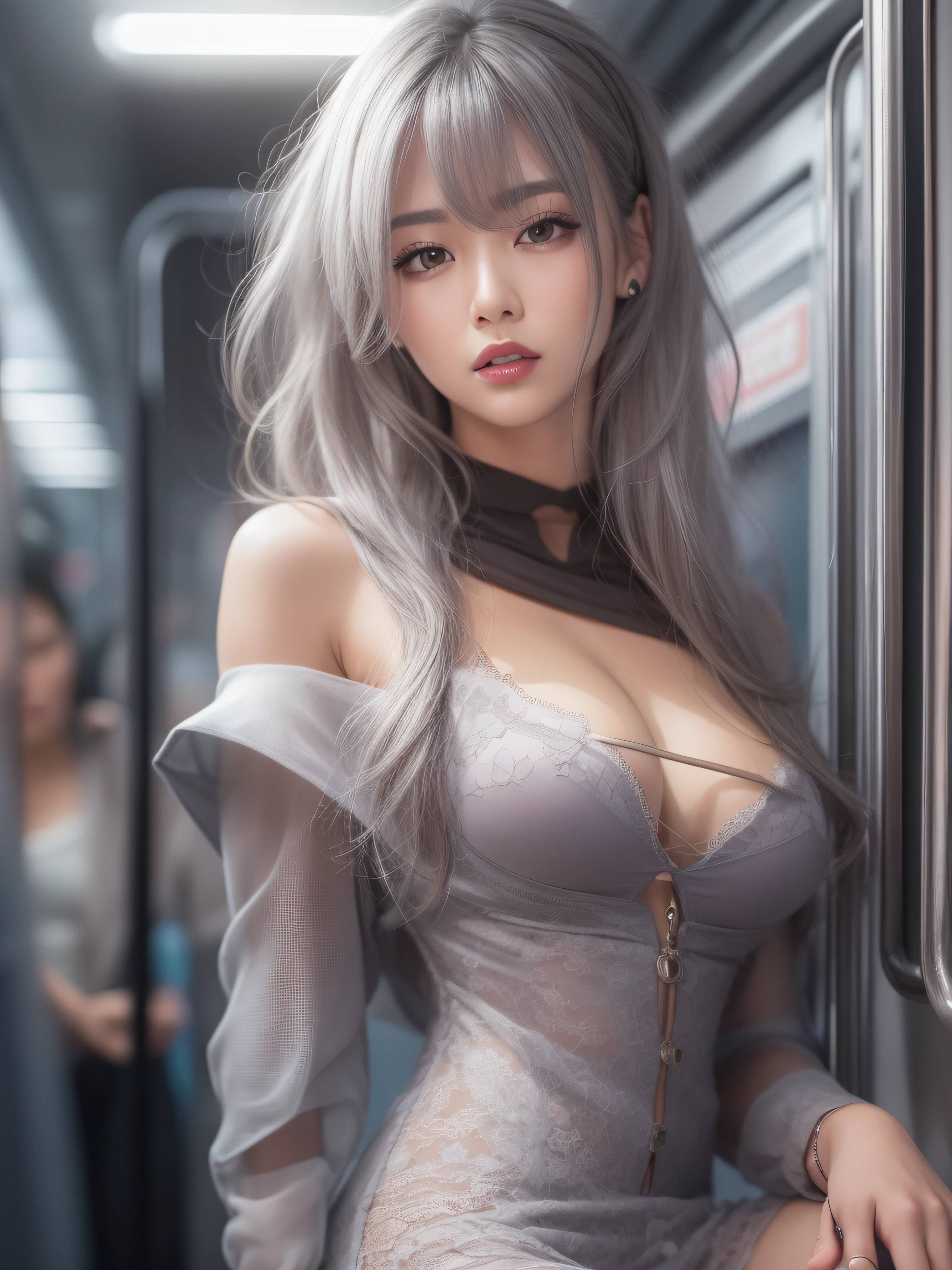 full-body portraits, photograph realistic, A beautiful Chinese woman, Adult video actress, In very crowded train cars, The whole body is soaked with sweat, slim toned body, Height 1.6m, perfect female shape, 34C breasts, Naked of breast, Slim waistline, Elongated legs, 28-inch hips, Wheat-colored skin, Full forehead, Slender eyebrows, Wear red and black erotic underwear, Suspender stockings, Wear platform stiletto heels, tempting pose, silver hair, streaked hair, bangs, straight hair, messy hair, hair slicked back, jewelry, longeyelashes, earrings, makeup, shaded, expressionless, red lips, short hair, cinematic lighting, three sided view, masterpiece, ccurate, textured skin, super detail, best quality, 8k