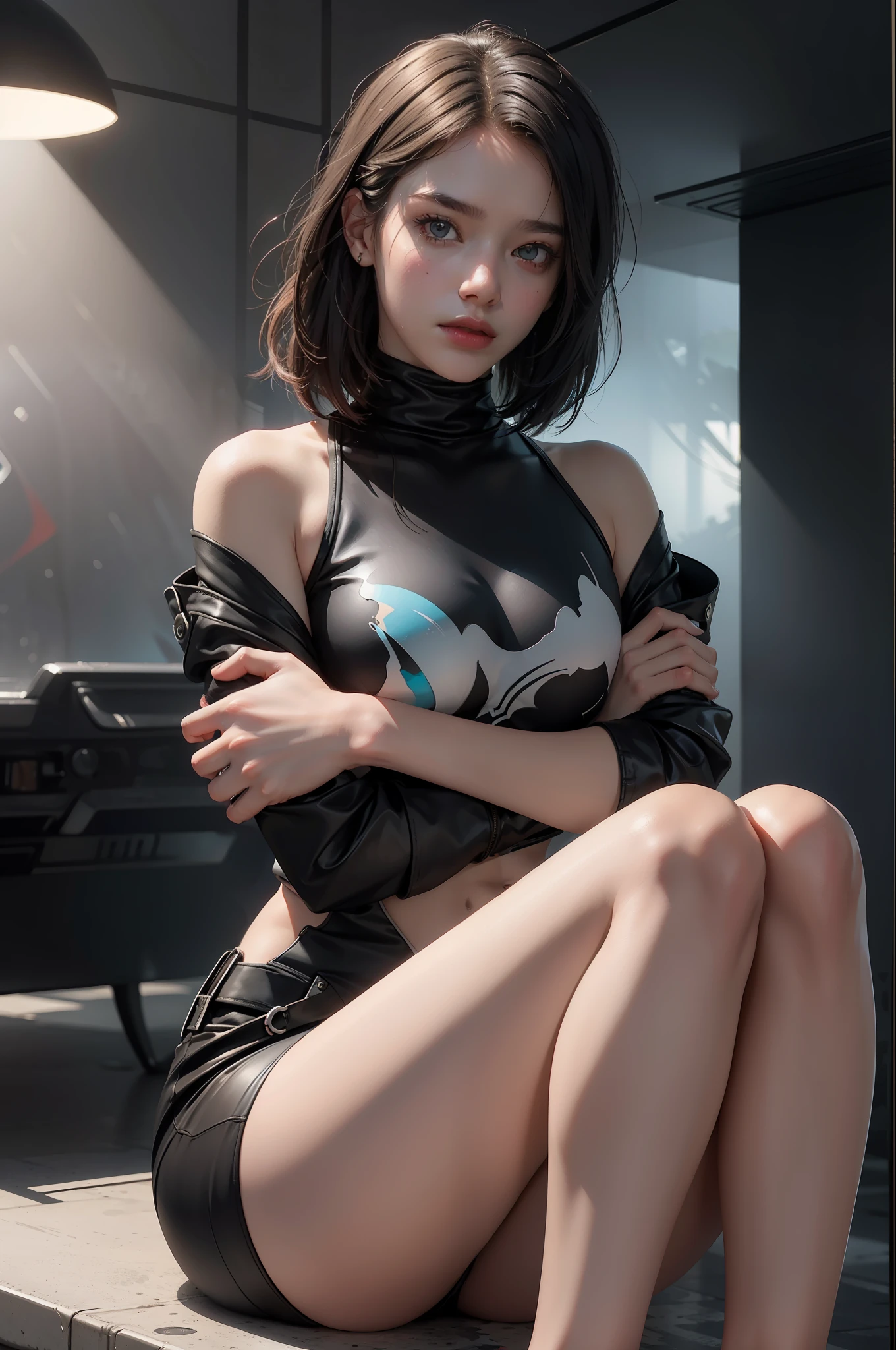 1girl, dynamic angle, (abstract background:1.3)hugging knees sitting, art by Erik Jones, octane render, High exposure of a Biochemical [Lily Sheen|Trevor Philips], looking down, Radiant hair, Foggy conditions, Sunlight, L USM, official art, unity 8k wallpaper, ultra detailed, aesthetic, masterpiece, best quality, photorealistic