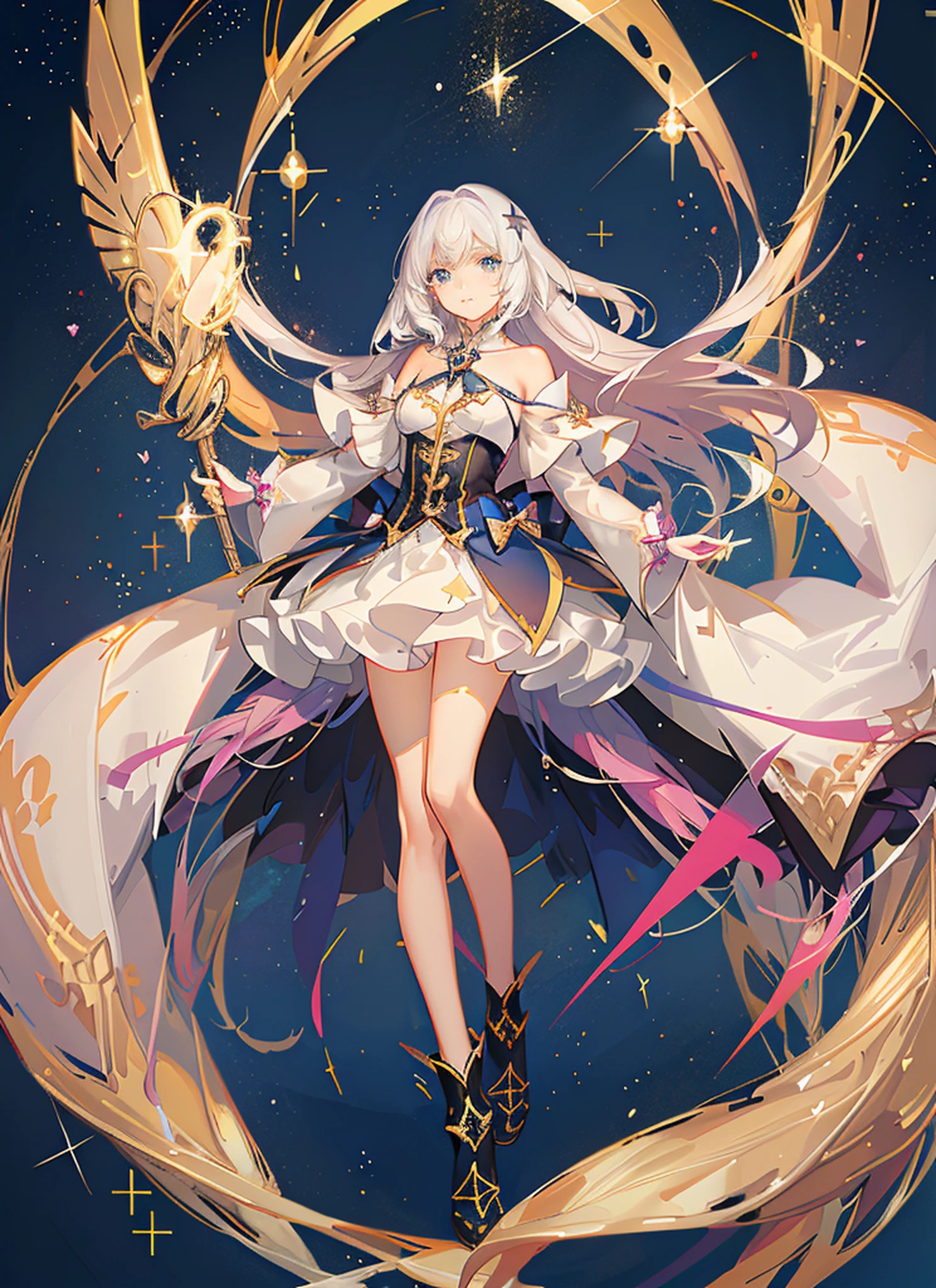 ((magical )), ((Gorgeous starry sky background)), ((Ultra-detailed)), ((Best Illustration)), ((Cinematic lighting)), Dynamic Angle, Floating, finely detailed, (glitters:1.2), (Sparkle:1.2), (Shine:1.2), classic, (Painting:1.1), (Sketch:1.1), (Best quality), (Masterpiece:1.2), (Anime style), (Solo), Beautiful detailed face, (Cute face:1.3), (Big eyes:1.3), Colorful hair, (Long hair:1.2), (Floating hair:1.2), (magical girl outfit), detailed outfits, (Sparkling wand:1.3), (Magical effect:1.3), (Flowing skirt:1.2), (Cute boots:1.1), (Transparent fabric:1.1), (Twinkle:1.2), (Glow:1.2), (Radiance:1.2), (Flicker:1.2), (Dazzle:1.2)
