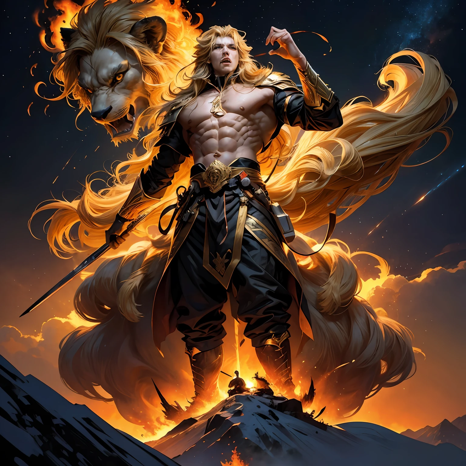 tmasterpiece，超高分辨率，A mighty male lion stands on the top of a mountain，Raise your head to the sky and roar，The sound is Megatron，Blonde hair，The body glows，Light，The silhouette is full of flames，large flames，The sky is all fire，Artistic realism，