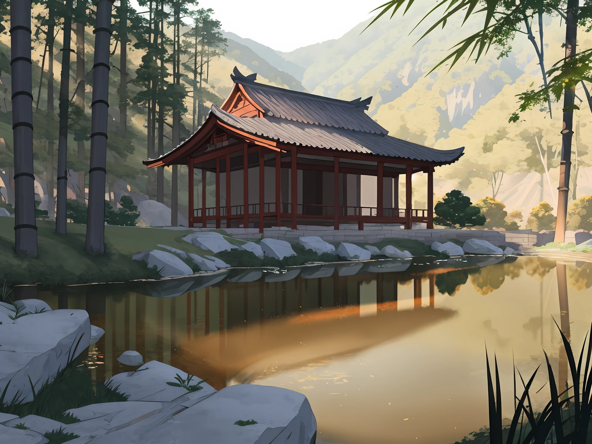 Ancient Chinese architecture, spring, dark night, garden, bamboo, lake, stone bridge, peach blossom, trees, flowing water, landscape, outdoor, grass, rock, (Illustration: 1.0 ), epic composition, realistic lighting, HD details, masterpiece, best quality, (very detailed CG unity 8k wallpapers), clay texture, clean background, natural light, best quality, ultra detail, 3d art, c4d, blender, oc renderer, 3d render, 8k